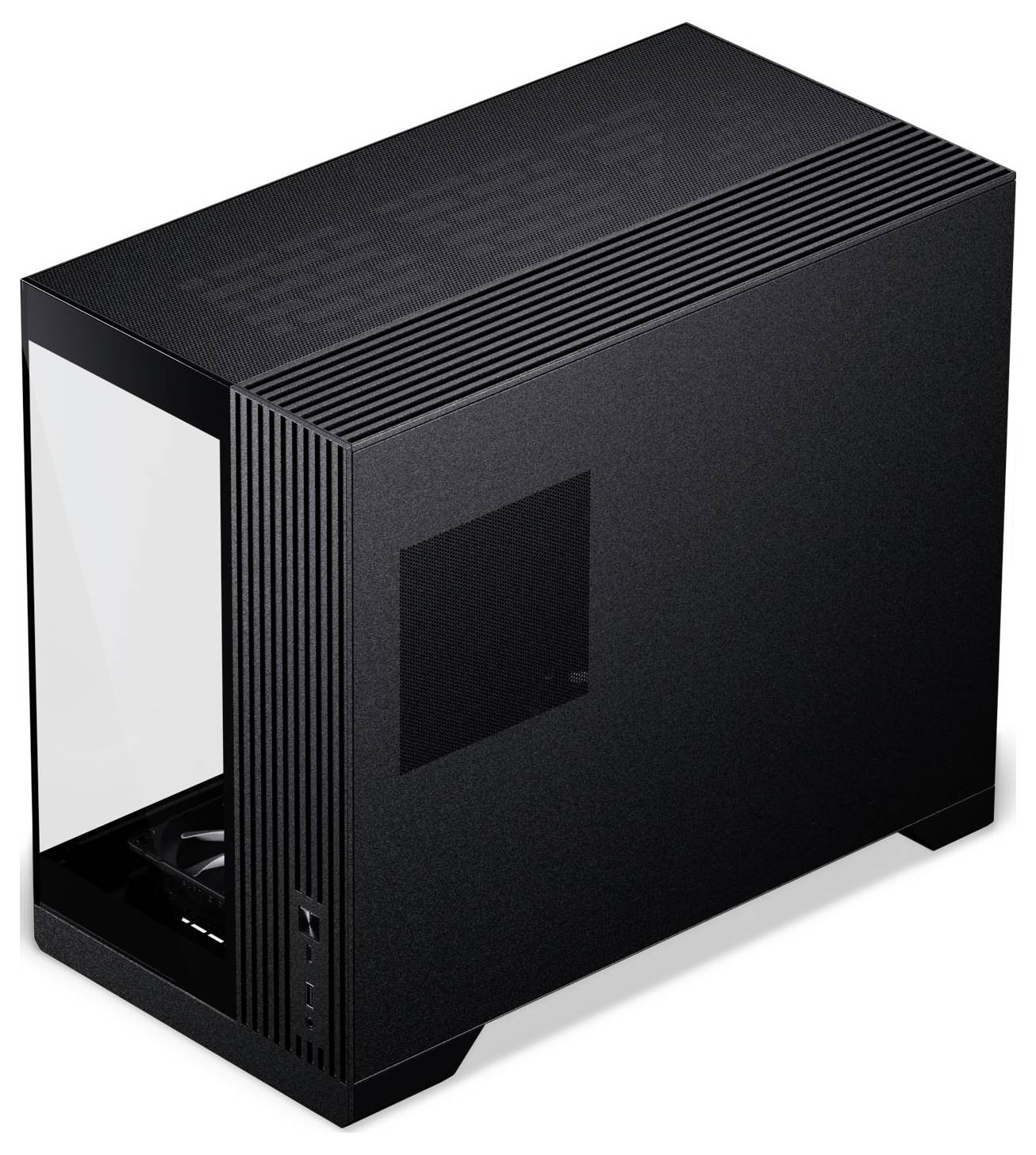 Un boîtier d'ordinateur noir élégant avec un panneau latéral en verre trempé, présentant des fentes de ventilation sur le dessus et l'avant, soulignant un design minimaliste.