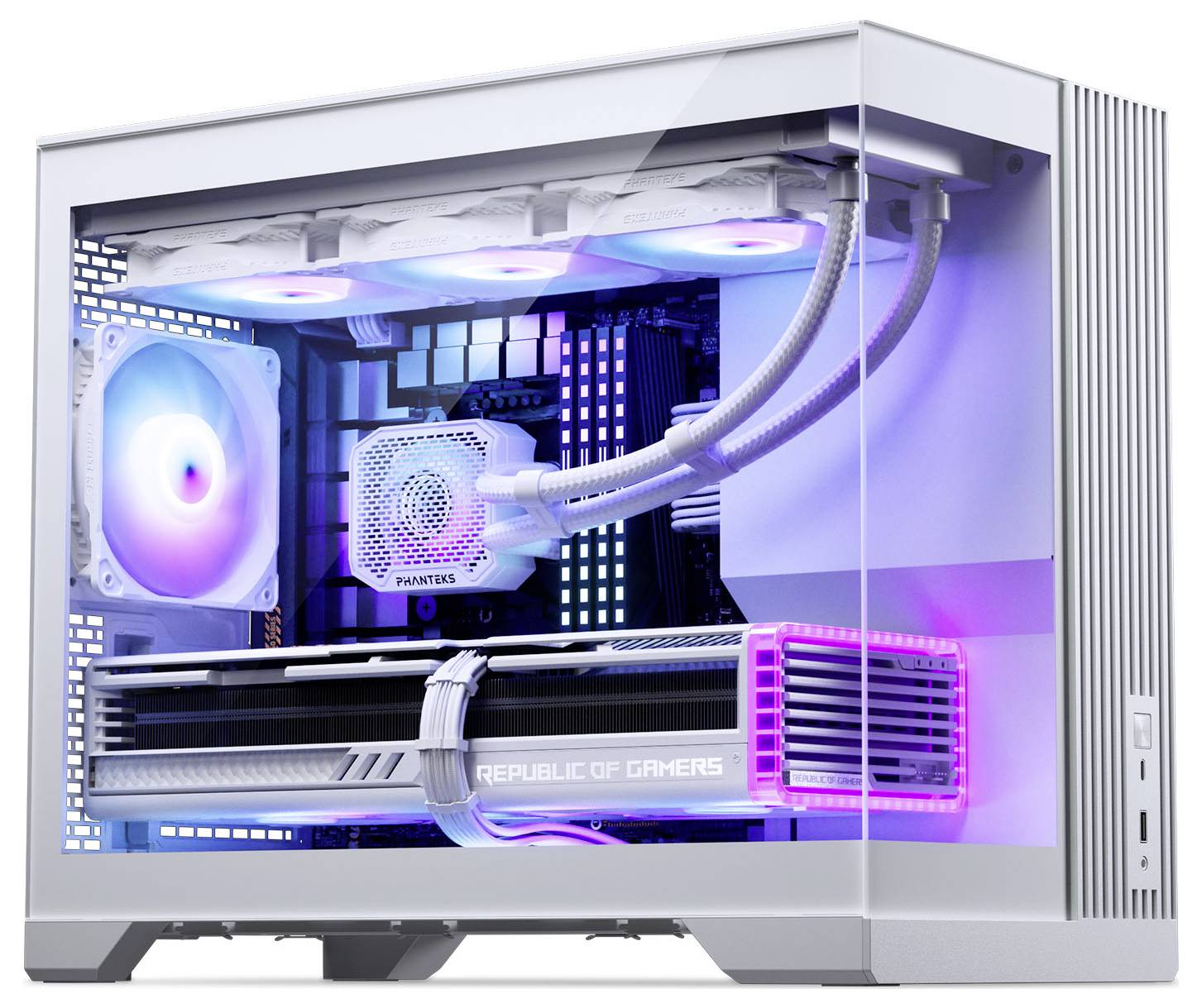 Un PC de gaming élégant, blanc, avec un panneau latéral transparent qui dévoile des composants éclairés par RGB, dont une carte graphique portant l'inscription « REPUBLIC OF GAMERS ».