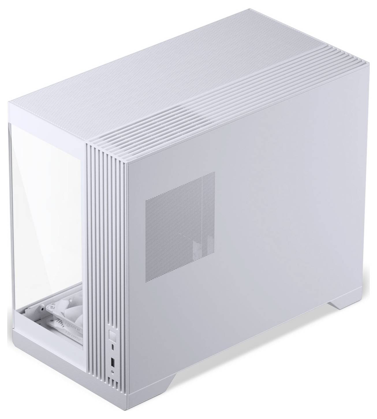 Un boîtier d'ordinateur rectangulaire blanc avec un panneau latéral transparent et un dessus ventilé, conçu pour une circulation d'air optimale et la mise en valeur des composants internes.