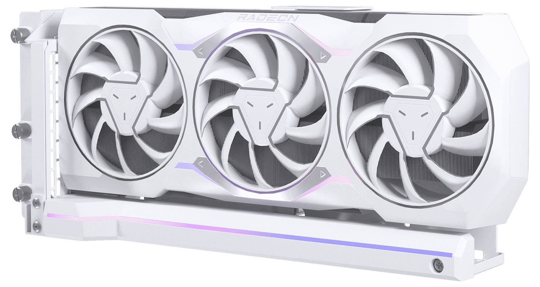 Une carte graphique blanche avec trois ventilateurs de refroidissement et un éclairage LED discret.