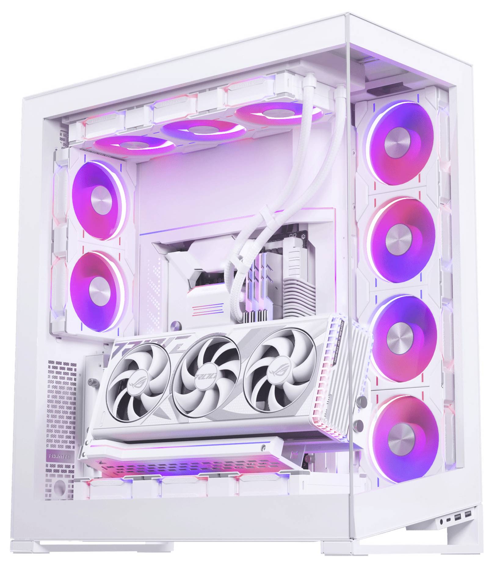 Un PC de jeu blanc met en valeur des éclairages RVB à l'intérieur et sur les ventilateurs, mettant en évidence une grande carte graphique et un système de refroidissement.