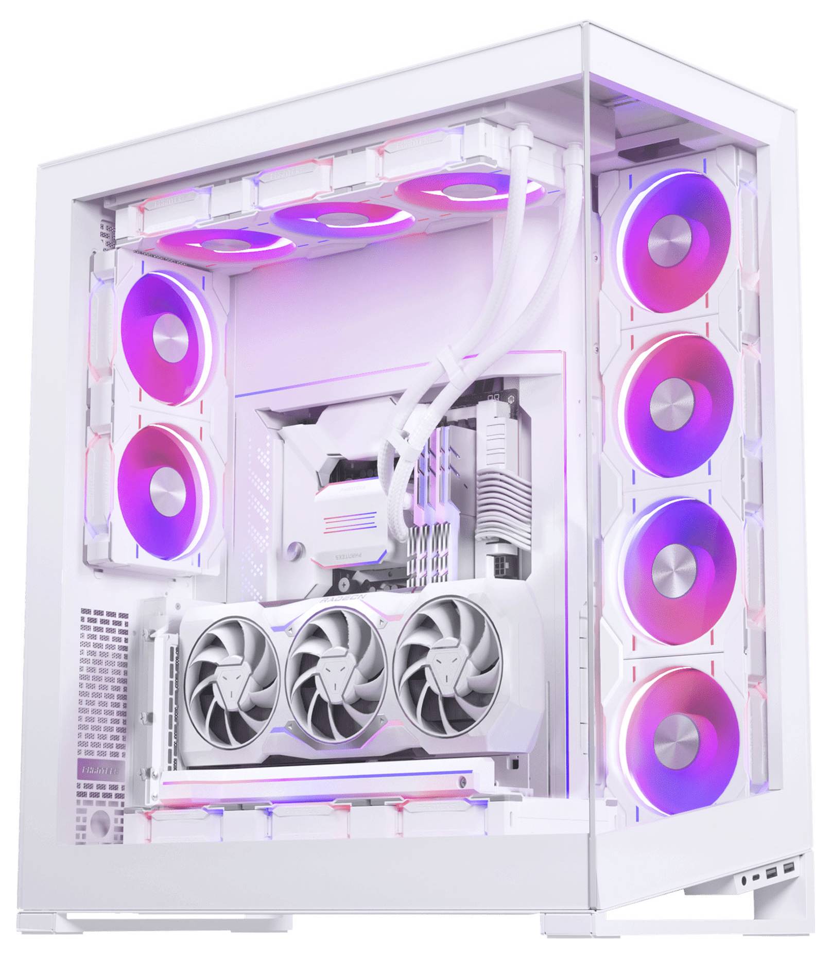 Un PC de jeu élégant blanc avec plusieurs ventilateurs de refroidissement colorés et illuminés, et une grande carte graphique à l'intérieur d'un boîtier transparent.