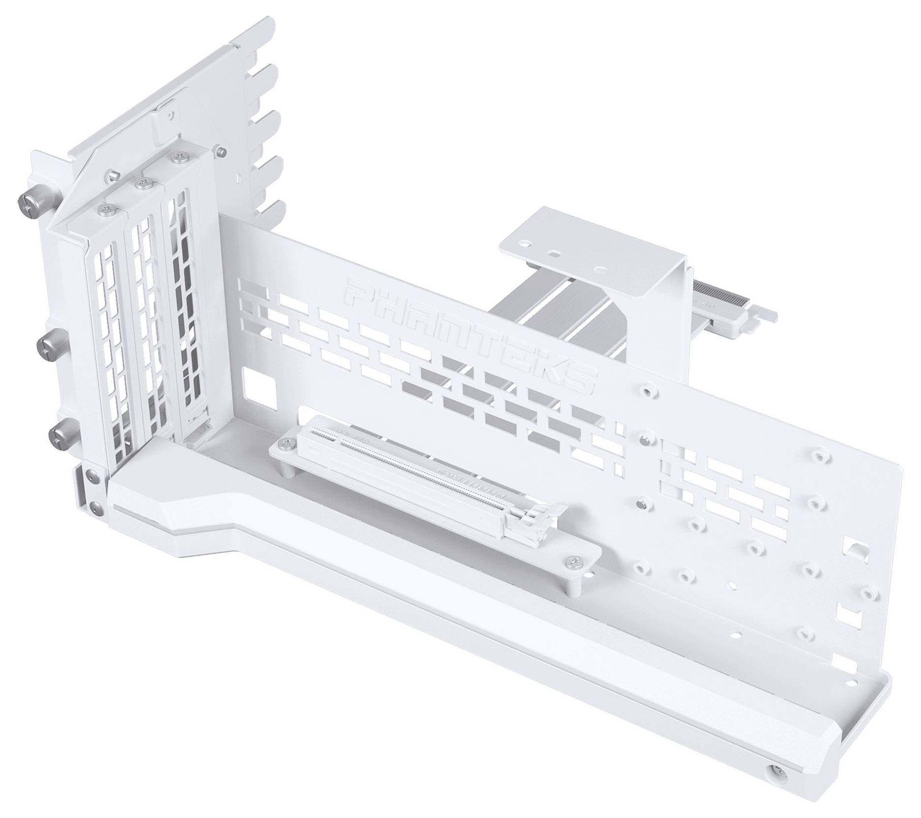 Support vertical pour GPU en blanc, offrant plusieurs options de montage et un support ajustable pour améliorer l'esthétique et l'aération du build PC.