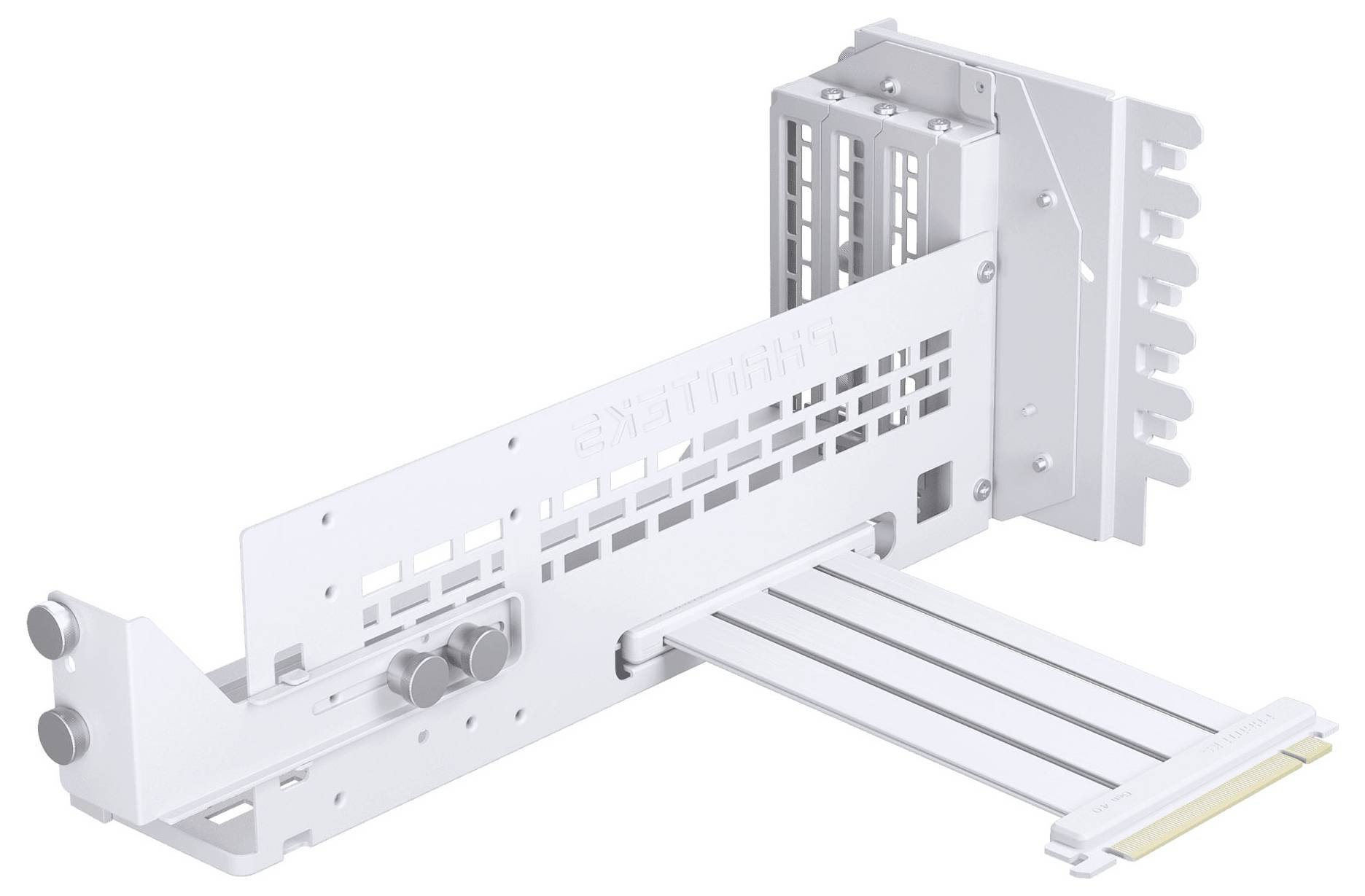 Support de montage pour carte graphique de boîtier d'ordinateur, couleur blanche, conçu pour une installation verticale avec des fentes de ventilation et plusieurs points de fixation par vis.