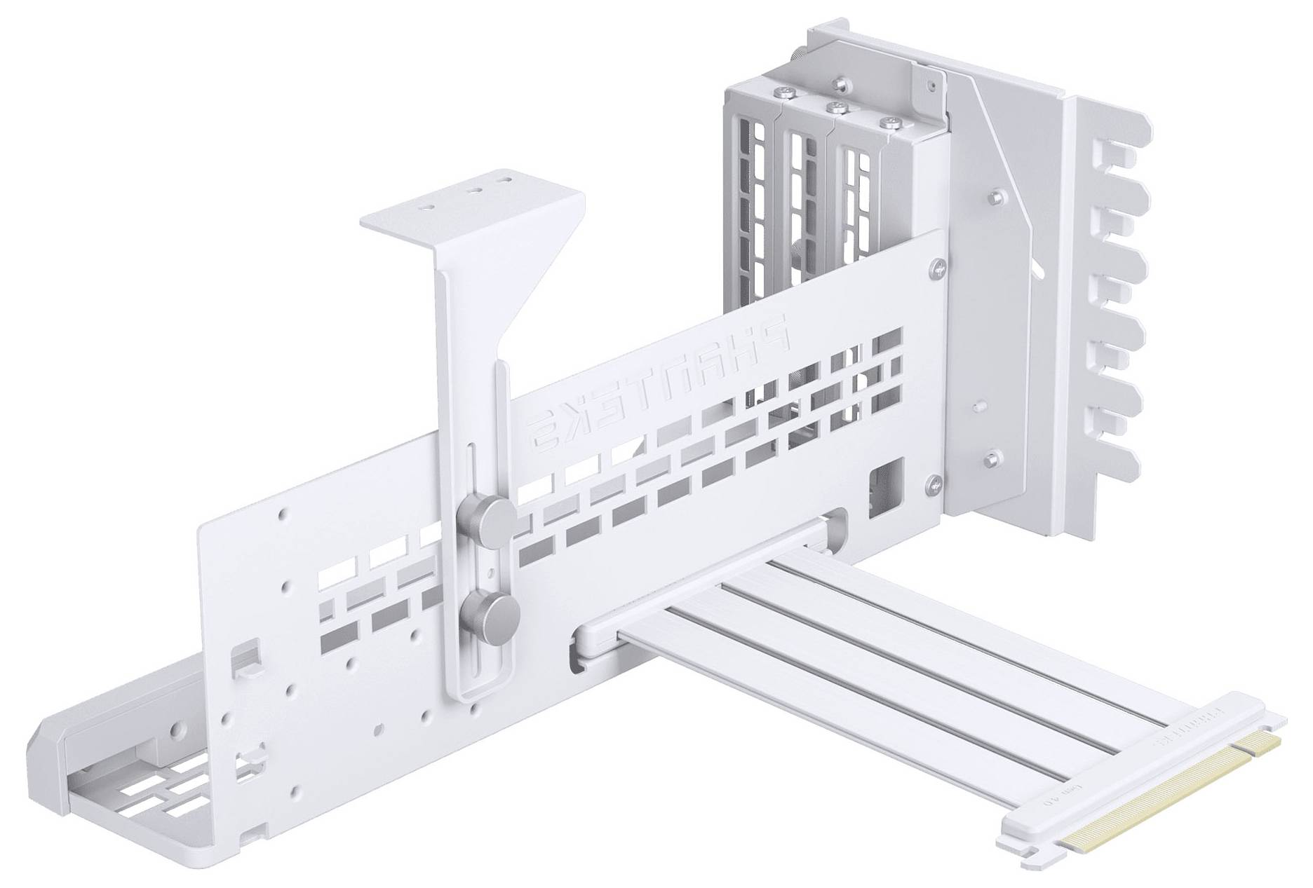 Un support de montage vertical blanc pour GPU avec un câble riser PCIe, conçu pour installer des cartes graphiques verticalement dans un boîtier d'ordinateur.