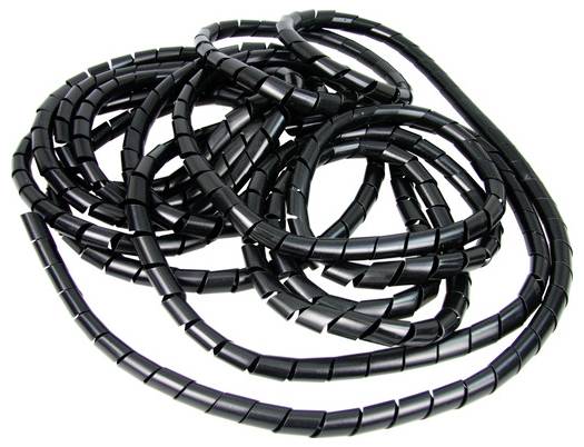 Gaines spirales noires en tube, utilisées pour organiser et protéger les câbles et les fils.