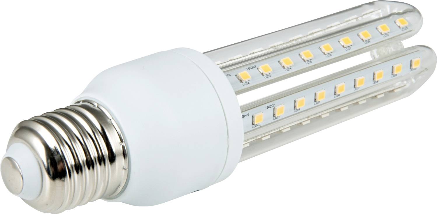 Ampoule LED économe en énergie avec base à vis, présentant des bandes LED apparentes pour un éclairage lumineux, adaptée à une utilisation intérieure.