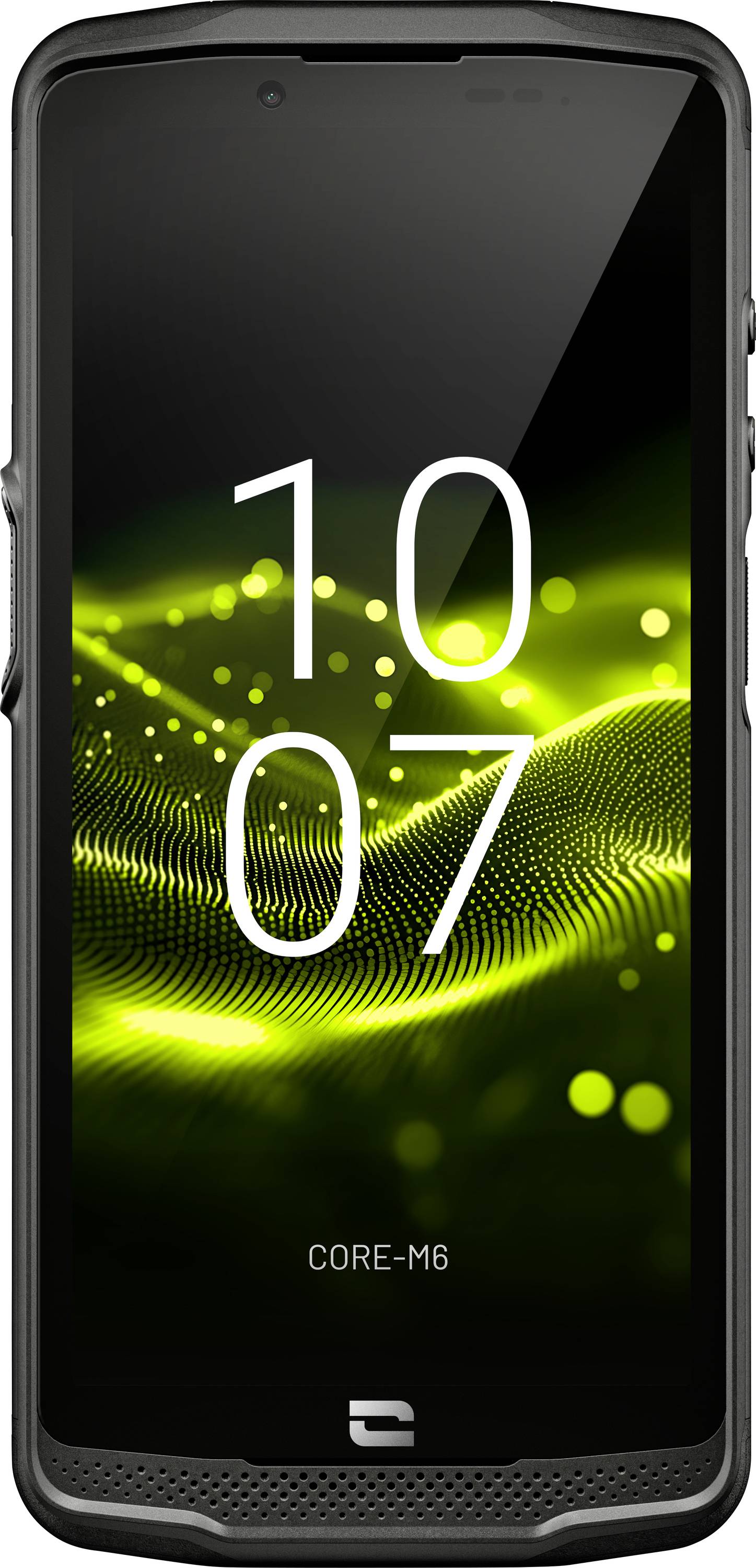 Un écran de smartphone affichant l'heure « 10:07 », avec un motif d'onde numérique vert en arrière-plan et le texte « CORE-M6 » en dessous.