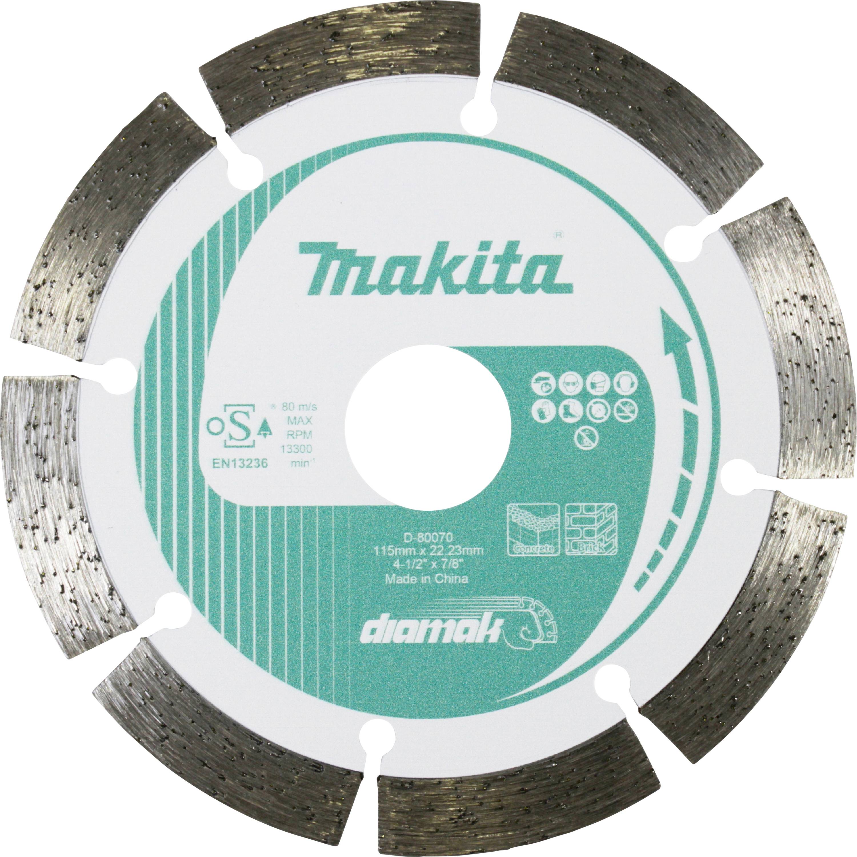 Une lame de diamant segmentée pour la coupe, avec le logo 'Makita'. La lame présente des spécifications telles que le RPM maximum et le diamètre détaillés sur elle-même.