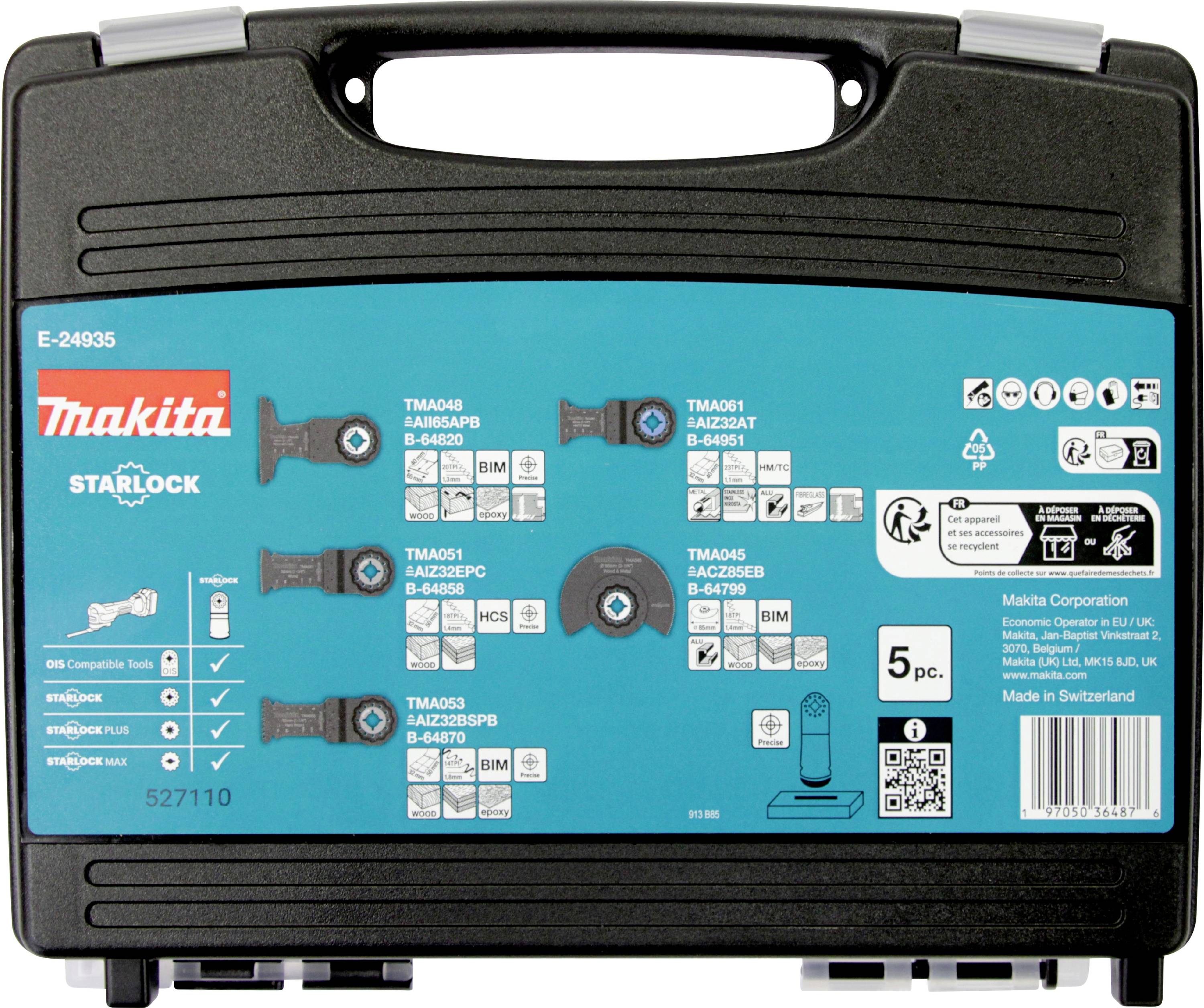 Étui de jeu d'outils Makita Starlock présentant cinq accessoires multifonctions oscillants avec étiquettes de pièces et spécifications. Fond bleu.