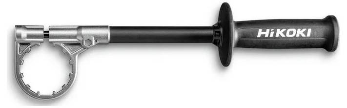 Un accessoire d'outil électrique doté d'un mécanisme de serrage et portant la marque 'HiToki' sur la poignée, utilisé pour une prise en main et une stabilité optimales pendant l'utilisation.