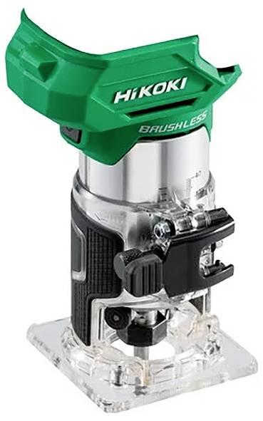 Un routeur Hikoki sans balais vert et argent avec une base transparente.