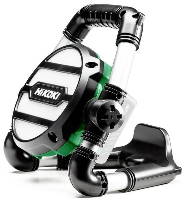 Un projecteur portable Hikoki avec une poignée robuste, un support réglable et une conception durable pour l'éclairage extérieur ou de chantier.