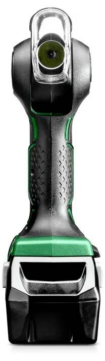 Un outil de travail sans fil noir et vert avec une lampe torche attachée est présenté verticalement sur un fond blanc.