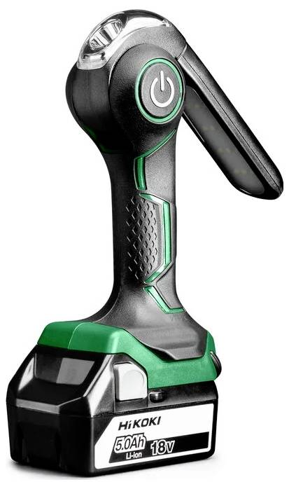 Une lampe de travail LED sans fil noire et verte avec une poignée, équipée d'un bouton marche/arrêt et d'un pack batterie de 5,0 Ah, 18 V de la marque 'HiKOKI'.