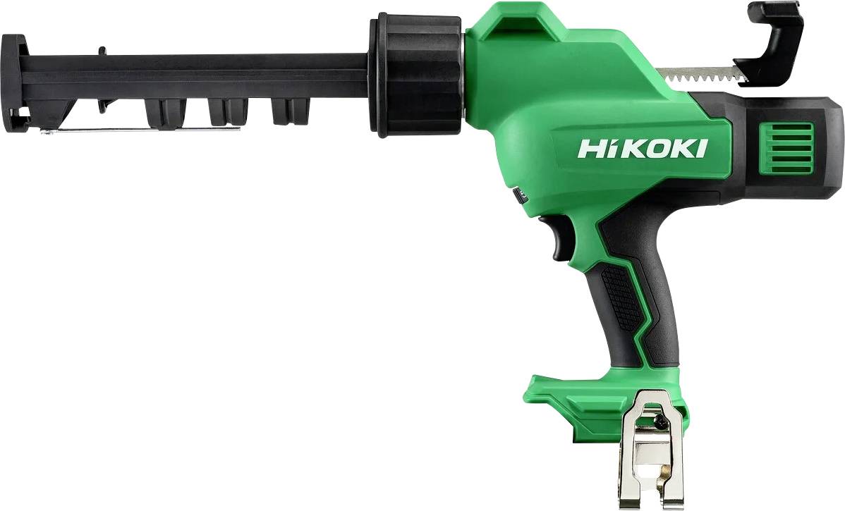 Un pistolet à calfeutrer sans fil HiKOKI vert et noir doté d'une poignée ergonomique et d'un logement de batterie à la base.