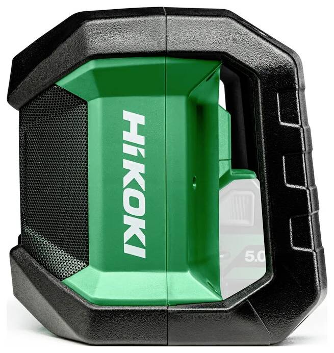 Un haut-parleur portable Hikoki vert et noir au design robuste avec une poignée intégrée et un panneau de contrôle visible sur le côté.