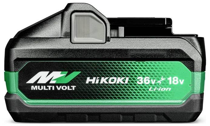 Sur son côté, la batterie HiKOKI Multi Volt, 36V/18V Li-ion, affiche en gras des informations mettant en évidence sa compatibilité et sa plage de tension.