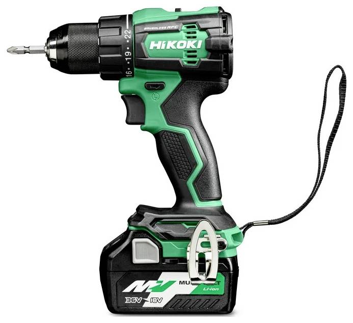 Perceuse électrique au design ergonomique vert et noir, étiquetée 'Hikoki', équipée d'une batterie 18V et de réglages ajustables.