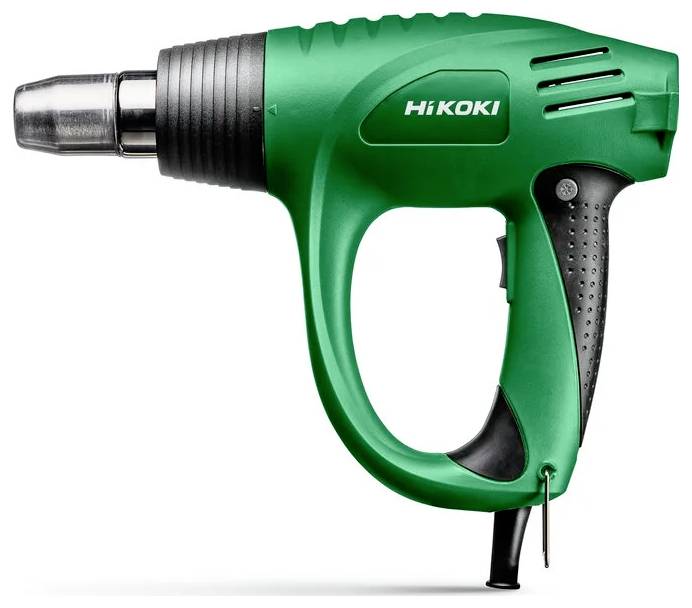 Un pistolet thermique vert et noir portant l'étiquette 'HiKoki', doté d'une poignée texturée pour une meilleure prise en main, conçu pour des tâches telles que le décapage de peinture ou le cintrage du plastique.