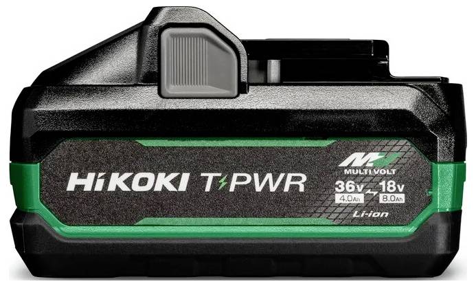 Une batterie lithium-ion multivolts HiKOKI noir et vert de 36V/18V avec la marque 'T-PWR', dont les indicateurs de capacité sont de 8,0 Ah et 4,0 Ah sont visibles.