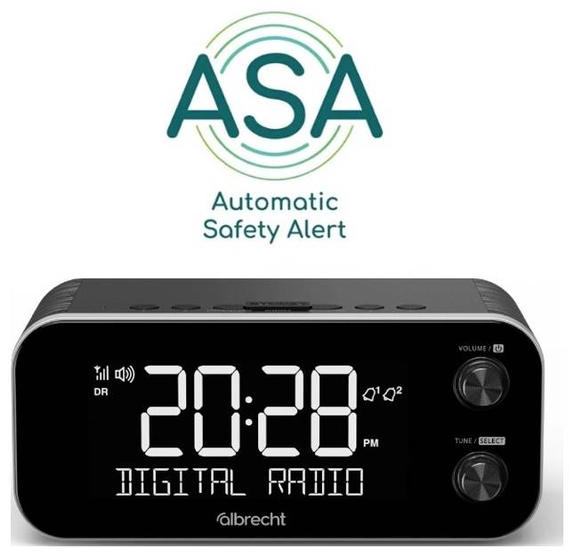 Horloge électronique avec affichage numérique « 20:28 ». En dessous est écrit « Digital Radio ». En haut se trouve le logo « ASA Automatic Safety Alert ».