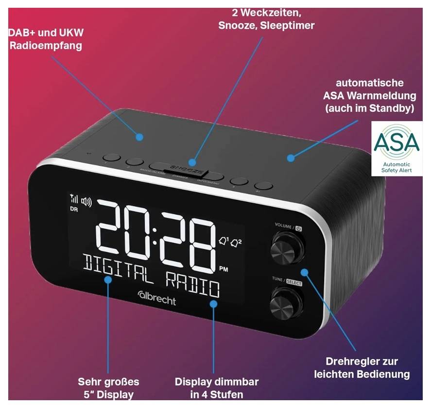 Radioréveil numérique avec grand écran de 5 pouces, deux heures d'alarme, bouton rotatif, affichage gradable et alerte d'avertissement ASA.