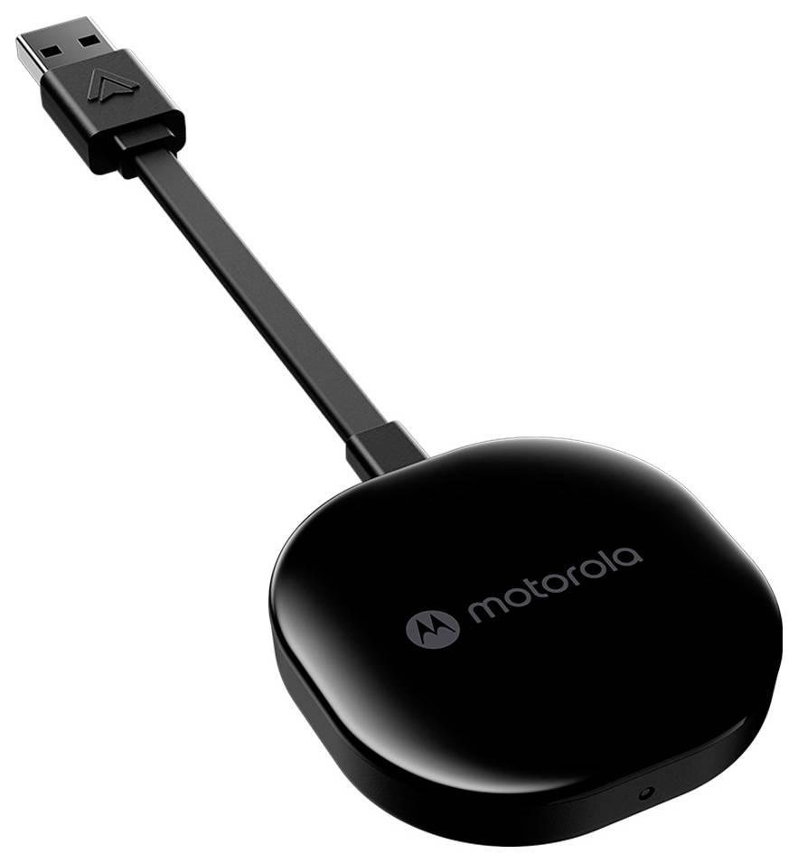 Un appareil de streaming USB Motorola noir avec un logo et un câble attaché, utilisé pour se connecter à des écrans numériques ou des téléviseurs.