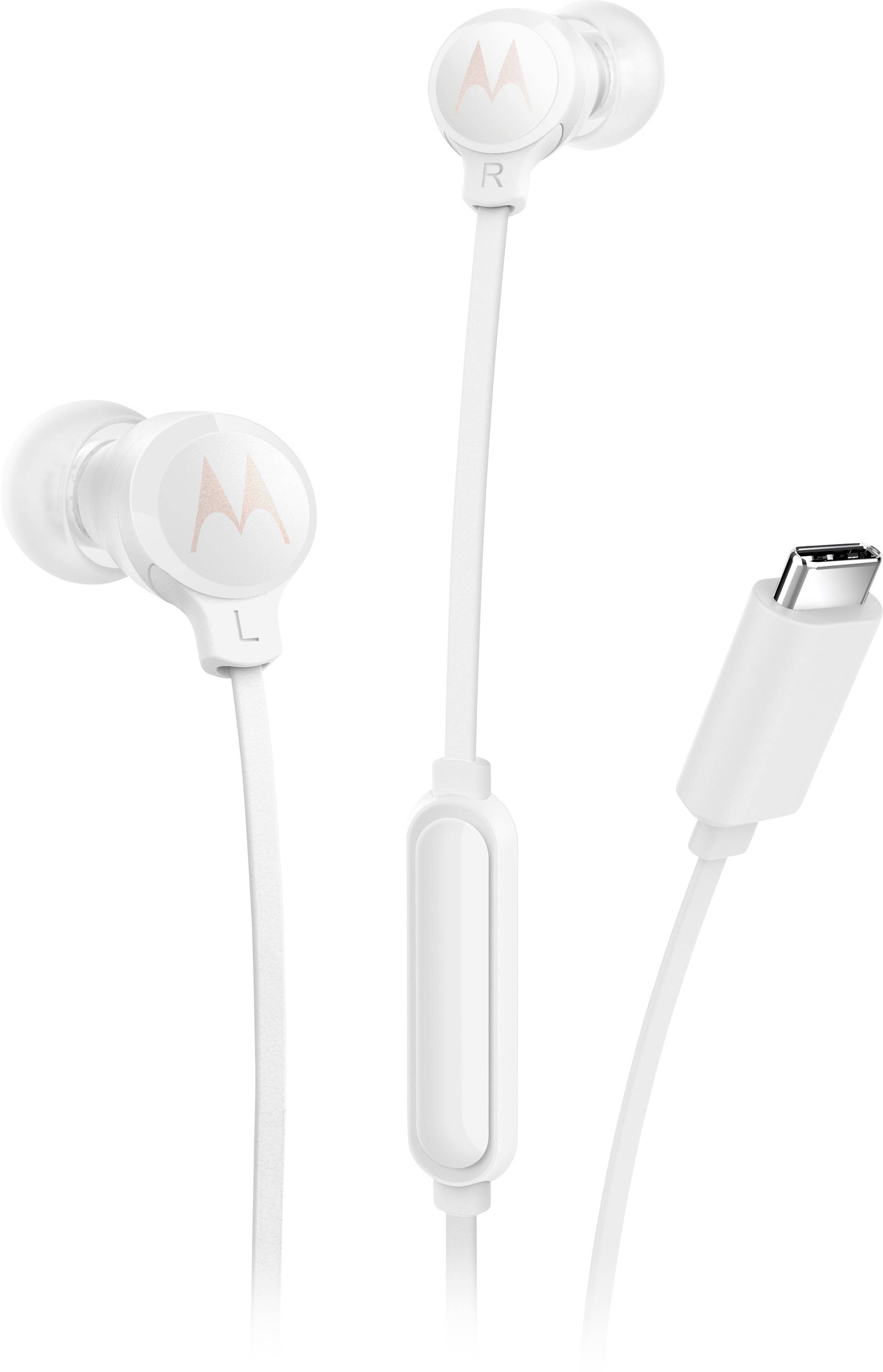 Écouteurs intra-auriculaires blancs filaires avec marquages 'L' et 'R', dotés d'une télécommande intégrée et d'un connecteur USB-C.