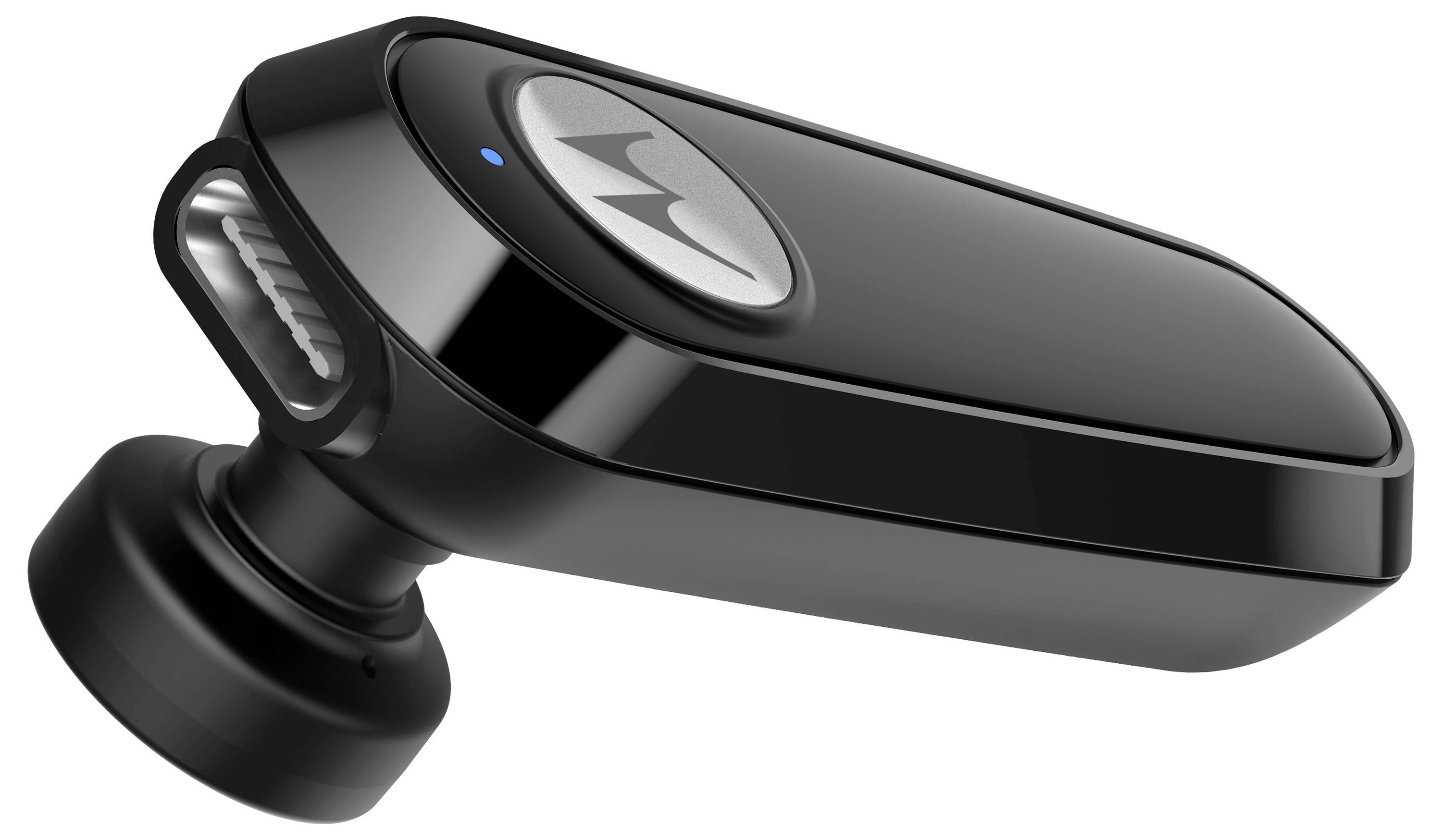 Un écouteur sans fil Bluetooth noir élégant, présentant un design à écouteur unique avec un petit voyant lumineux bleu sur sa surface extérieure.