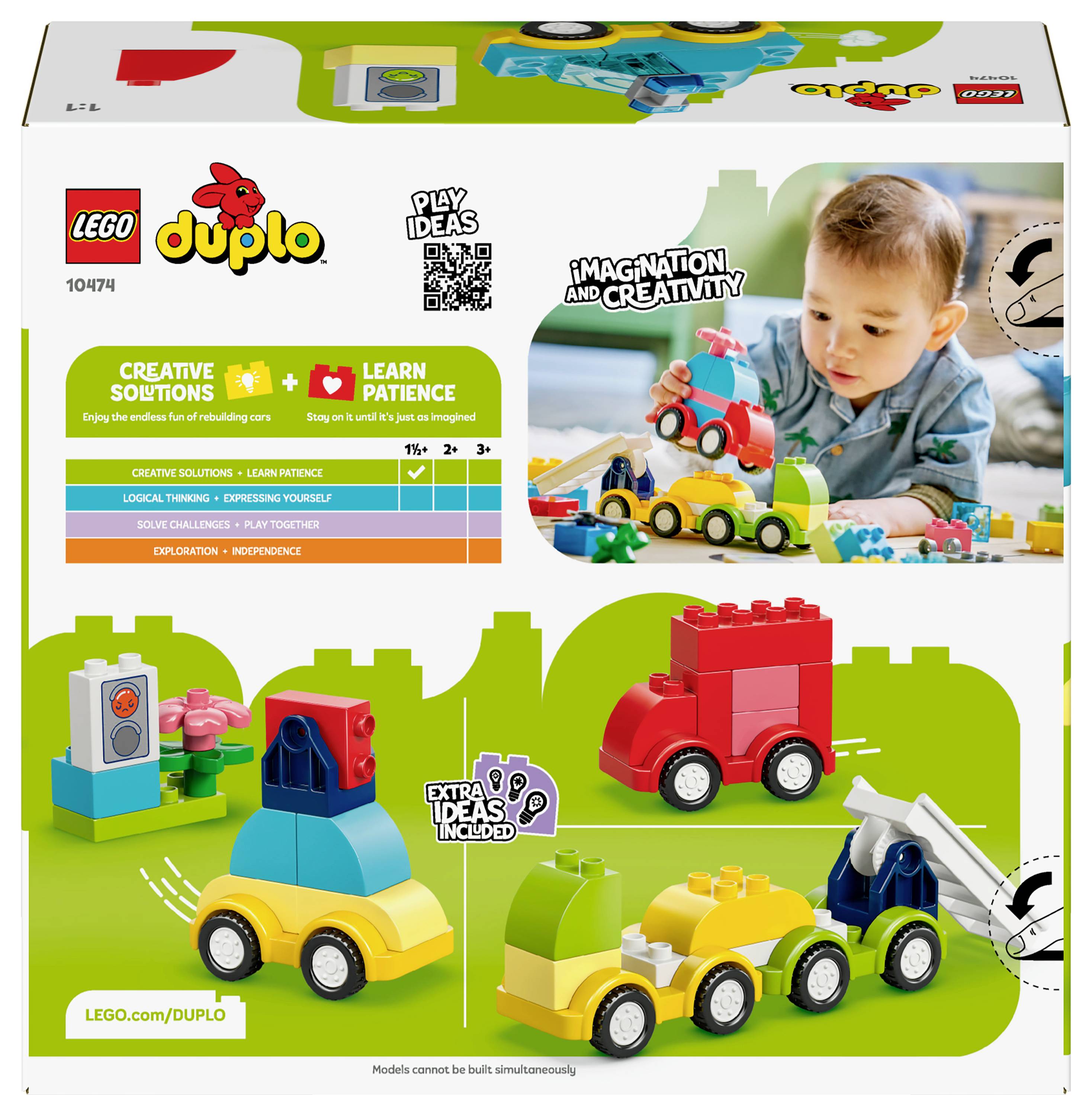 'Boîte LEGO DUPLO montrant un tout-petit jouant avec des véhicules colorés. Comprend des idées créatives de construction et favorise l'imagination et la patience.'