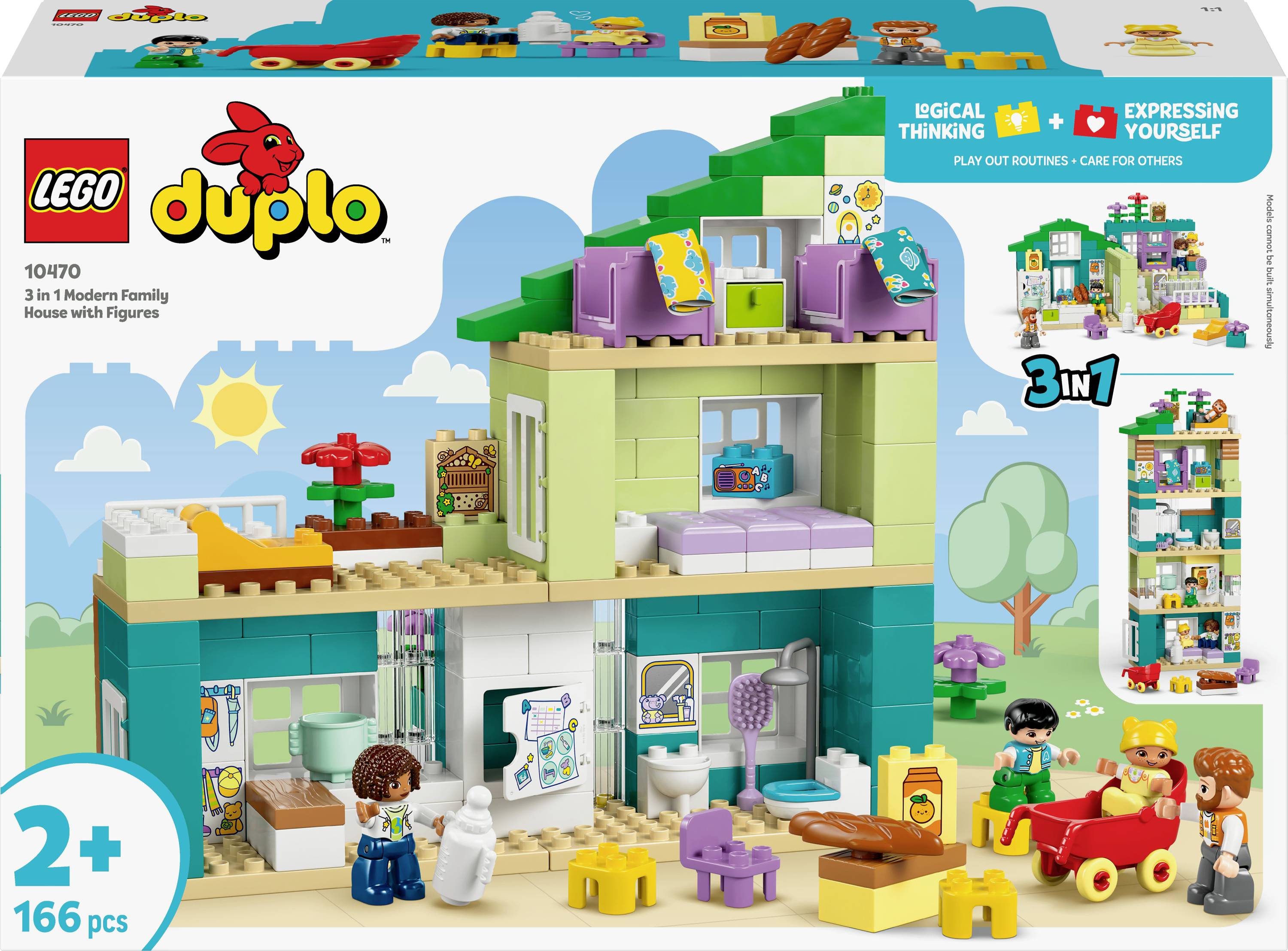 Ensemble « Maison familiale moderne Lego Duplo 3-en-1 avec Personnages » pour enfants de 2 ans et plus, présentant une maison multicolore et multi-étages avec des personnages et des accessoires de jeu.