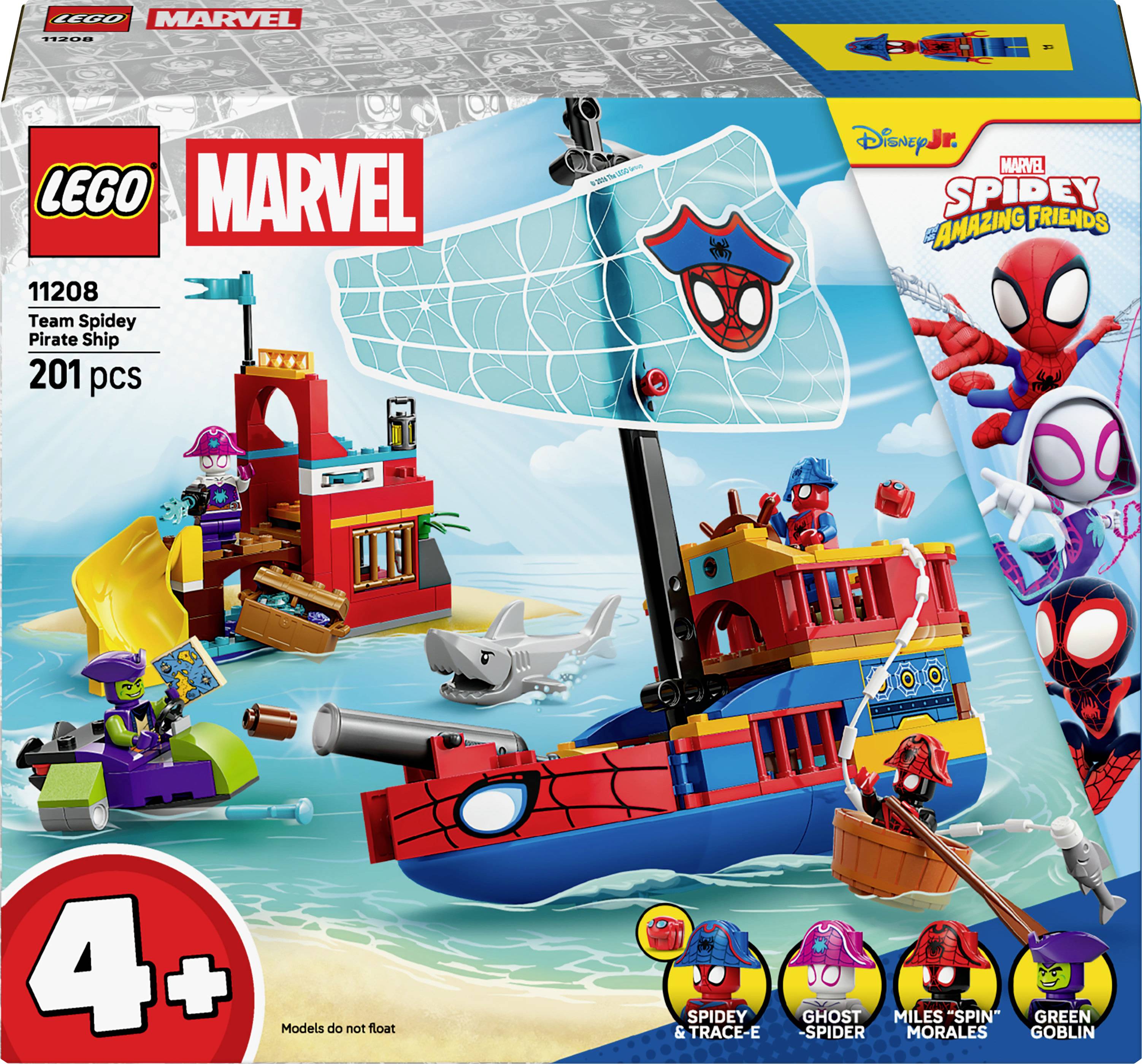 Boîte Lego Marvel 11208 Le Navire Pirate de l'Équipe Spidey, présentant les figurines de Spidey, Ghost-Spider et Green Goblin, avec un navire de pirates haut en couleur.