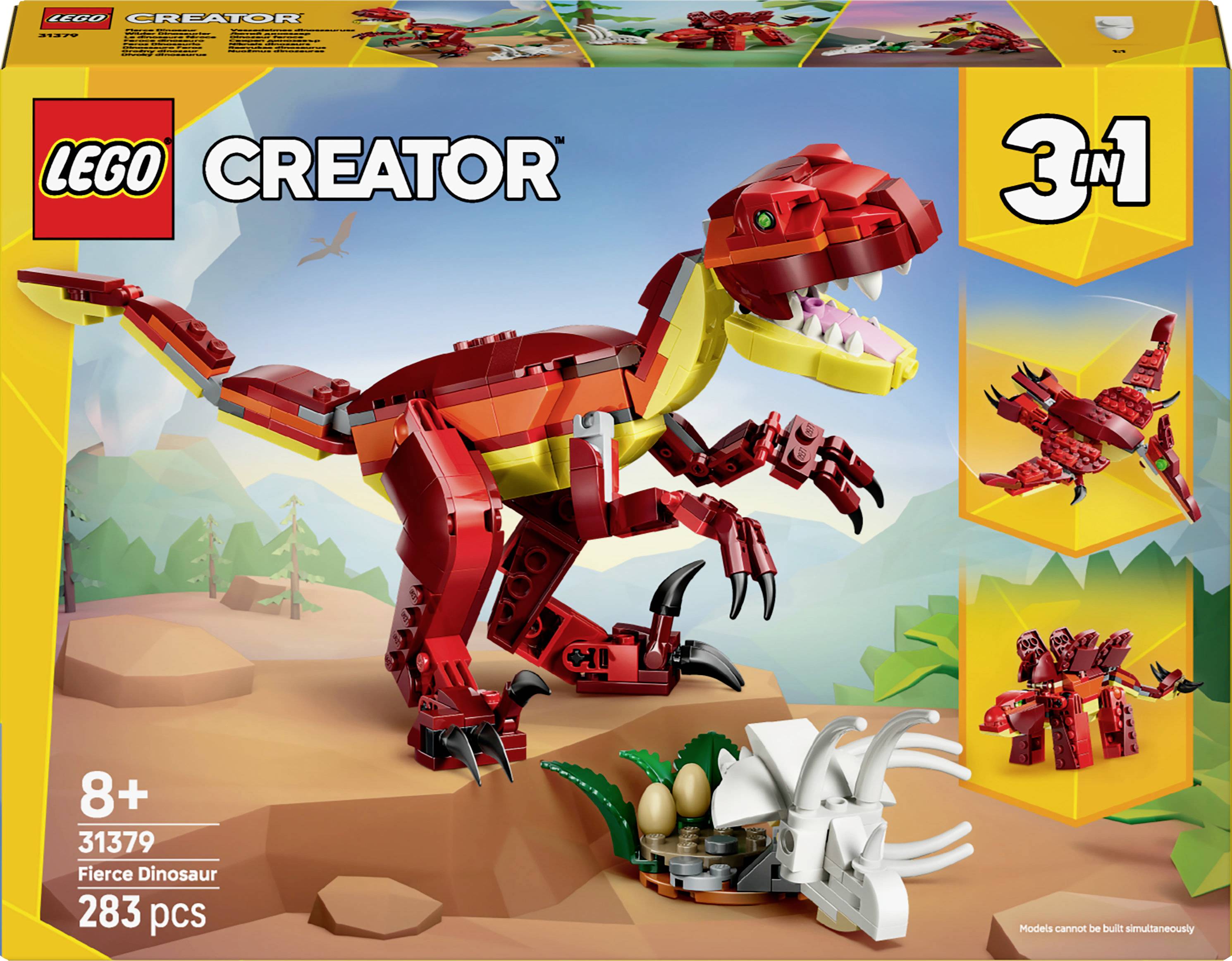 Ensemble LEGO Creator 3-en-1, 'Dinosaure Féroce', numéro de modèle 31379 avec 283 pièces. La boîte présente un dinosaure rouge, des modèles alternatifs, et une recommandation d'âge 8+.