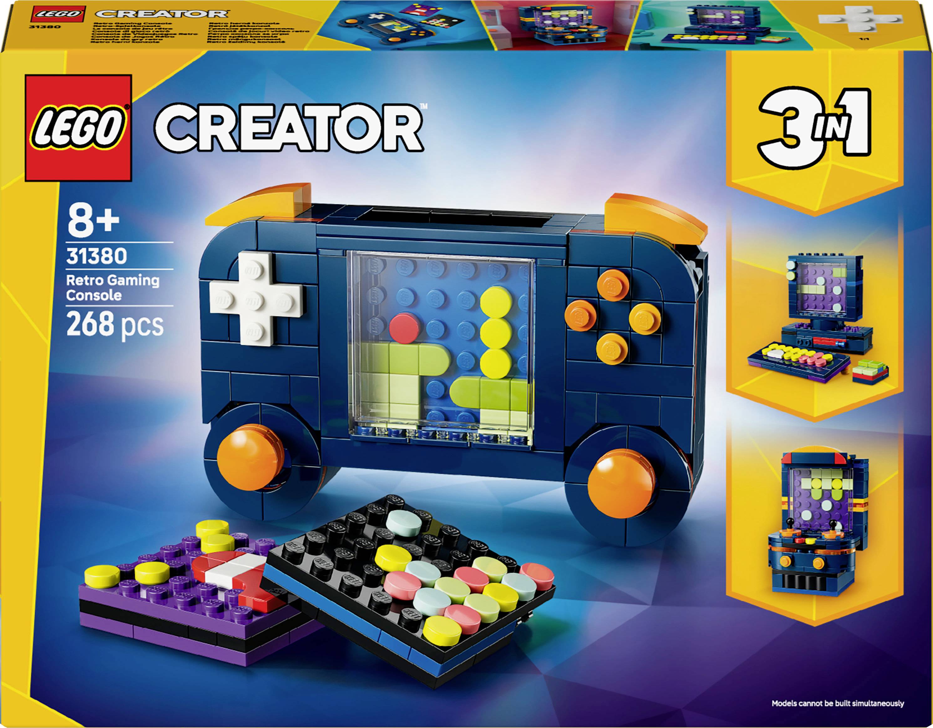 Ensemble LEGO Creator 3-en-1 de console de jeux rétro, adapté aux enfants de 8 ans et plus, comprenant 268 pièces. L'ensemble propose des options de construction pour une console et un appareil portable.