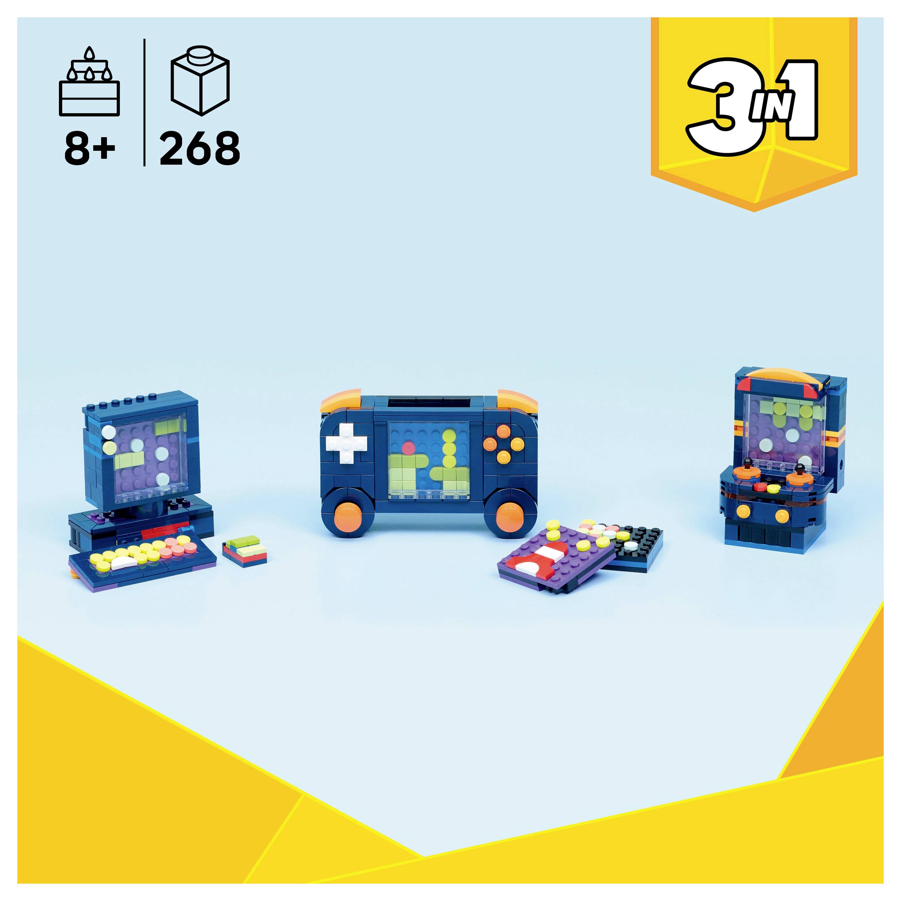 Ensemble Lego pour les 8 ans et plus comprenant trois constructions : une console de jeux rétro, un clavier avec des pads musicaux et une mini borne d'arcade.
