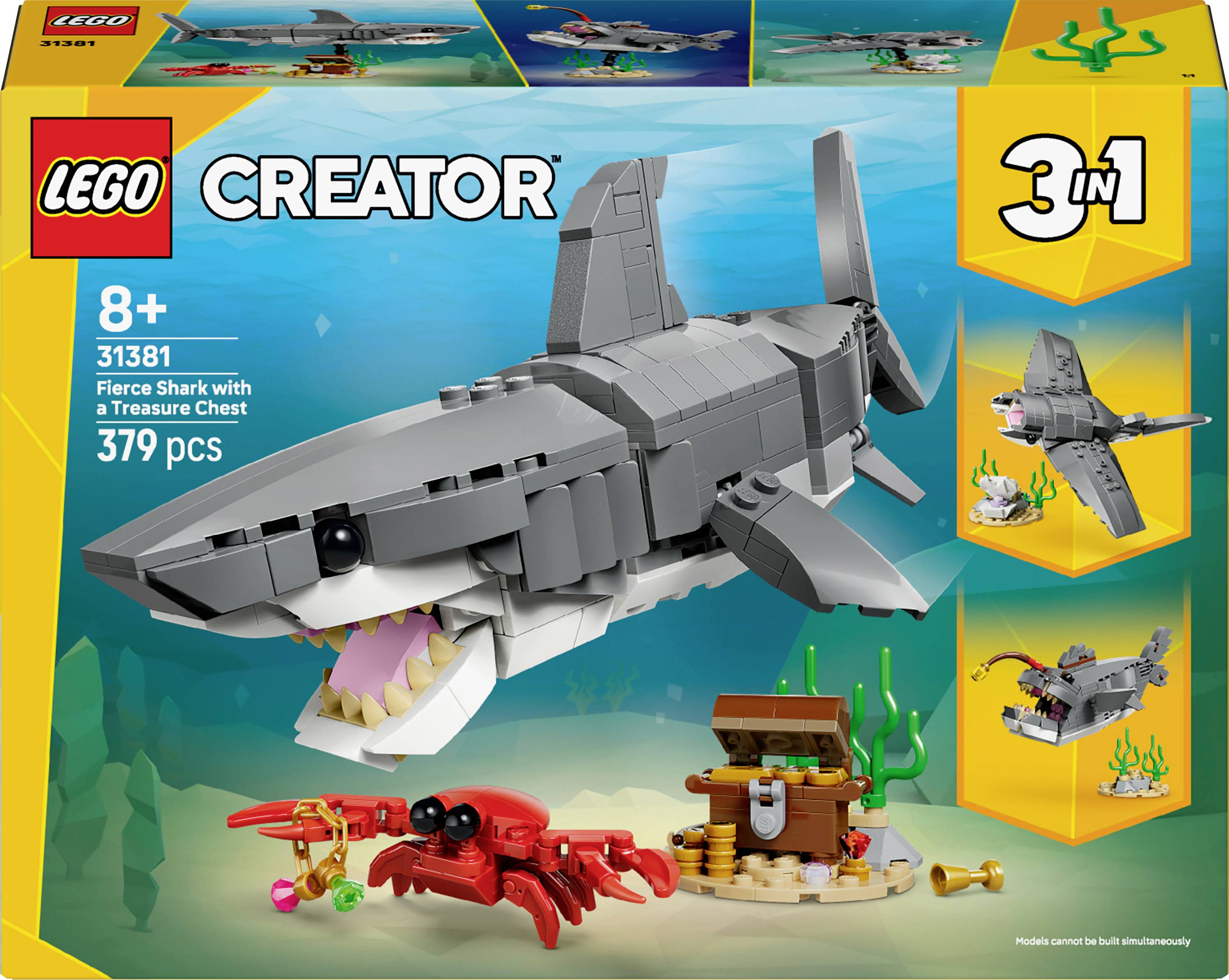 Ensemble Lego Creator 3-en-1 pour enfants de 8 ans et plus, comprenant un requin féroce avec un coffre au trésor, une mouette, et des options de transformation en différents modèles.