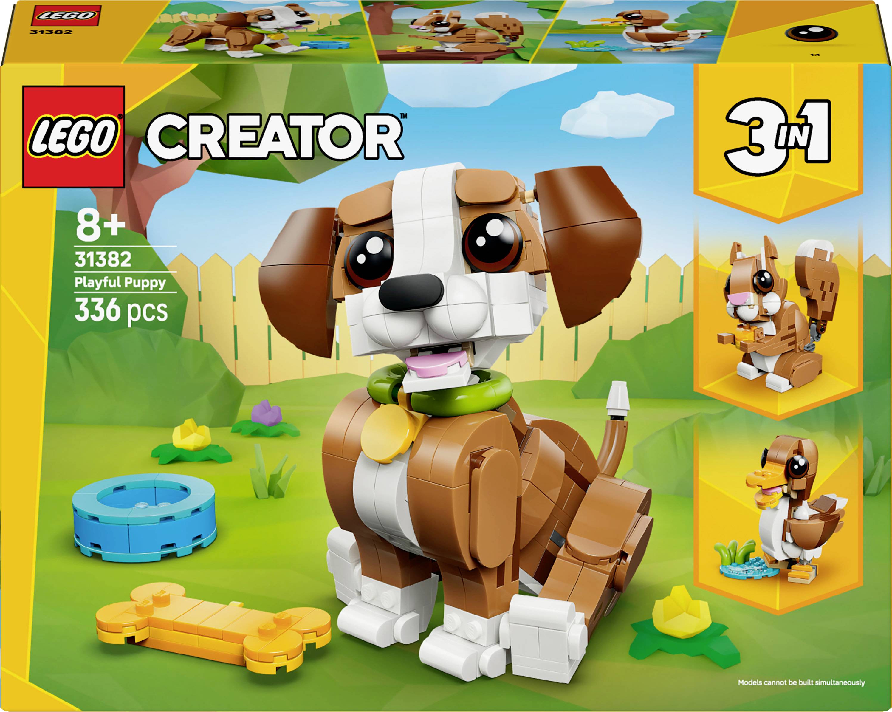Un ensemble LEGO Creator 3-en-1 représentant un 'Chiot Joueur'. Comprend des instructions pour construire trois modèles différents : un chiot, un chien et un oiseau. Convient aux enfants de 8 ans et plus, avec 336 pièces.