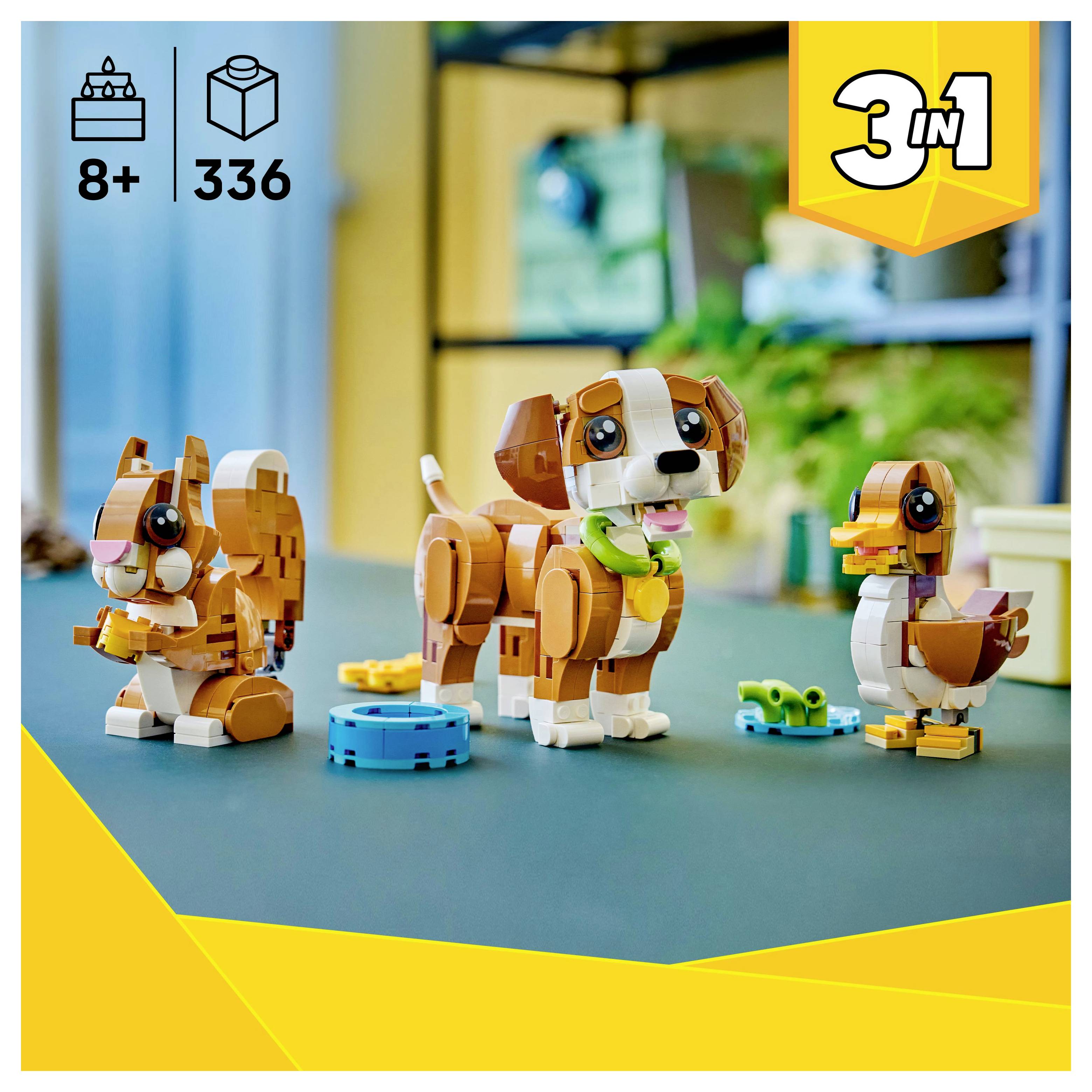'Ensemble Lego pour les 8 ans et plus, 336 pièces. Comprend un chien et un canard construisibles, ainsi que d'autres créatures réalisées avec des blocs colorés. Ensemble 3-en-1 à exposer.'