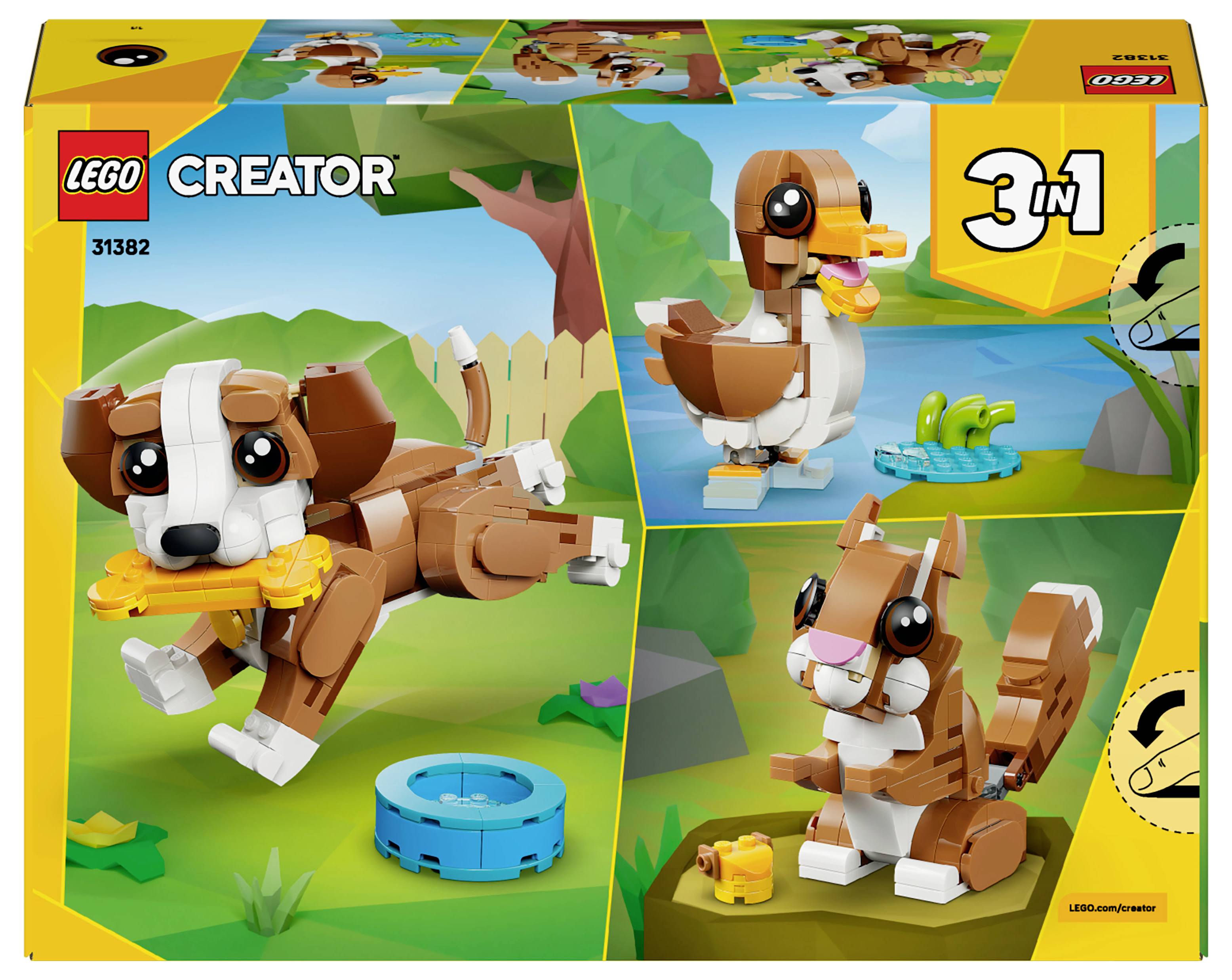 Boîte du set LEGO Creator 3-en-1 présentant un chien, un canard et un écureuil construits en briques LEGO avec un arrière-plan ludique. Numéro de set : 31132.