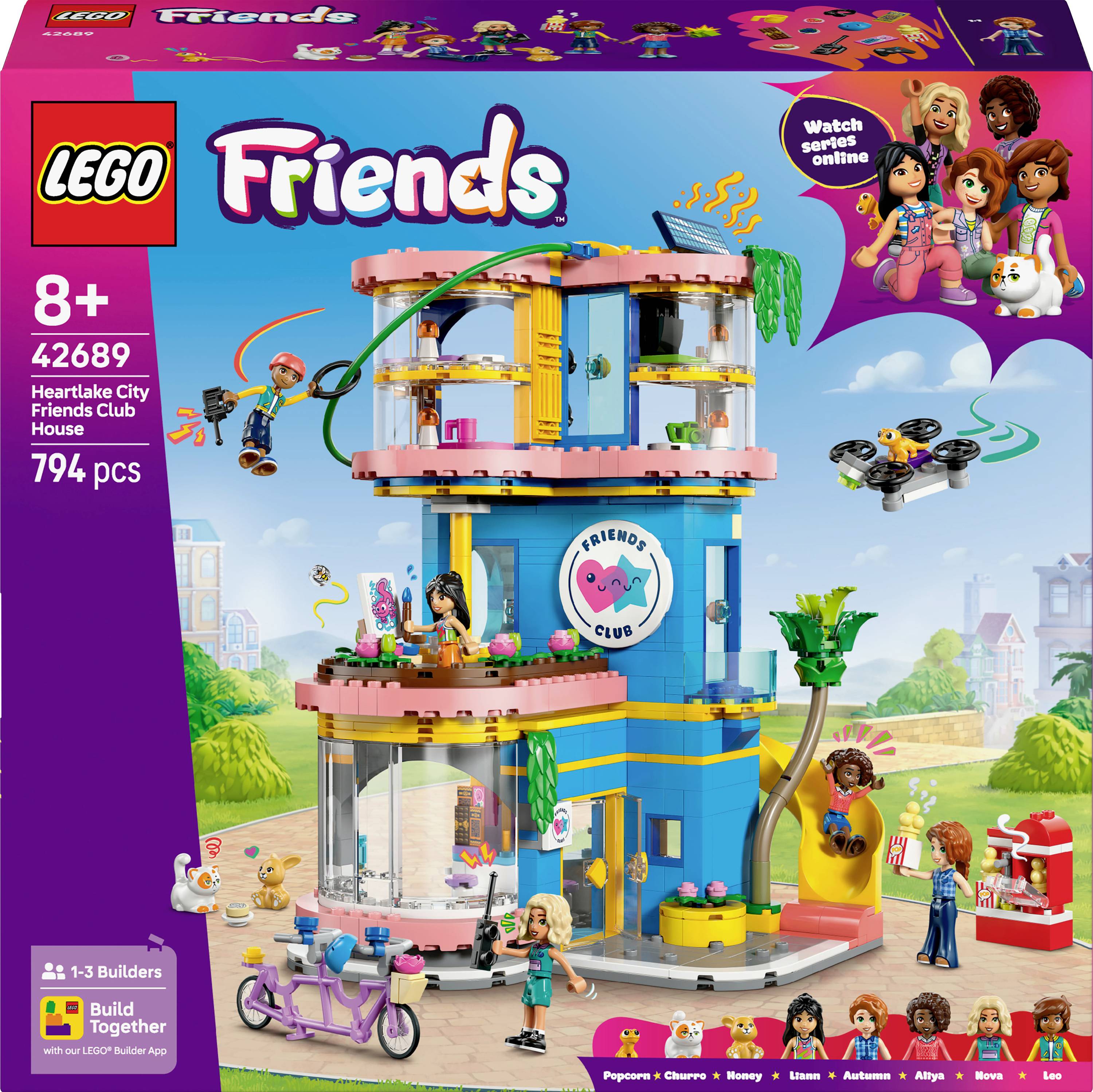 Ensemble LEGO Friends comprenant un bâtiment coloré sur trois étages avec des personnages et des accessoires. Comprend 794 pièces, recommandé pour les enfants de 8 ans et plus.