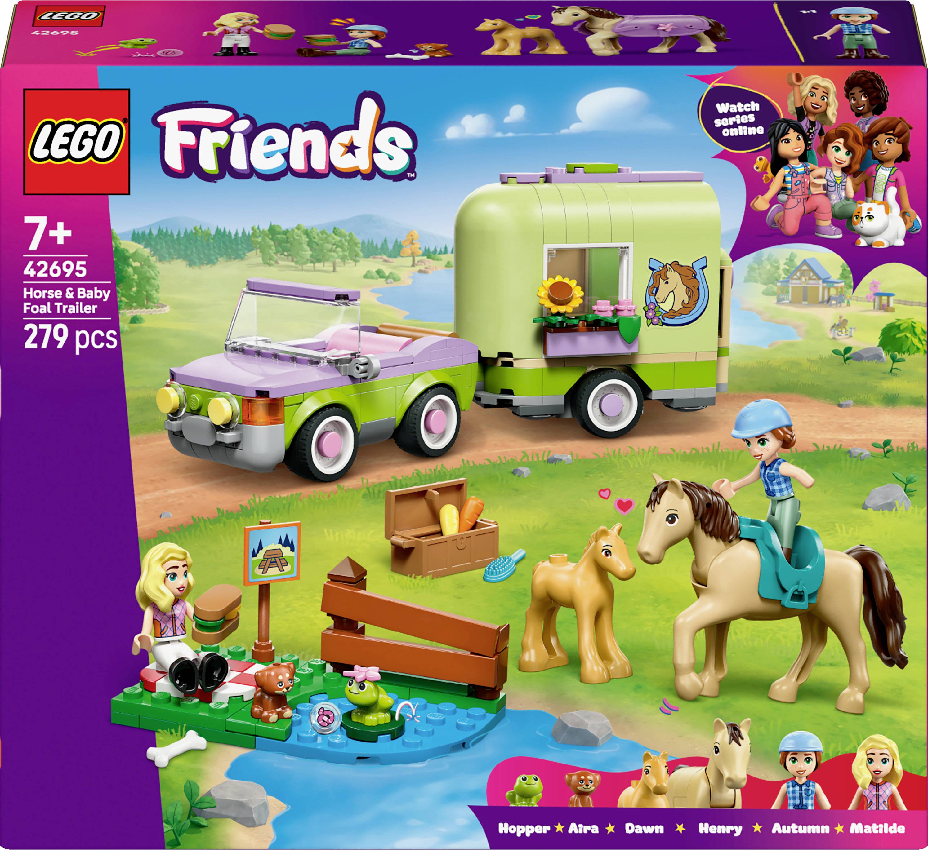 Ensemble LEGO Friends 'Remorque pour Chevaux et Poulain' pour les enfants de 7 ans et plus, comprenant une voiture verte et une remorque, deux personnages, des chevaux et des accessoires dans un décor de campagne.