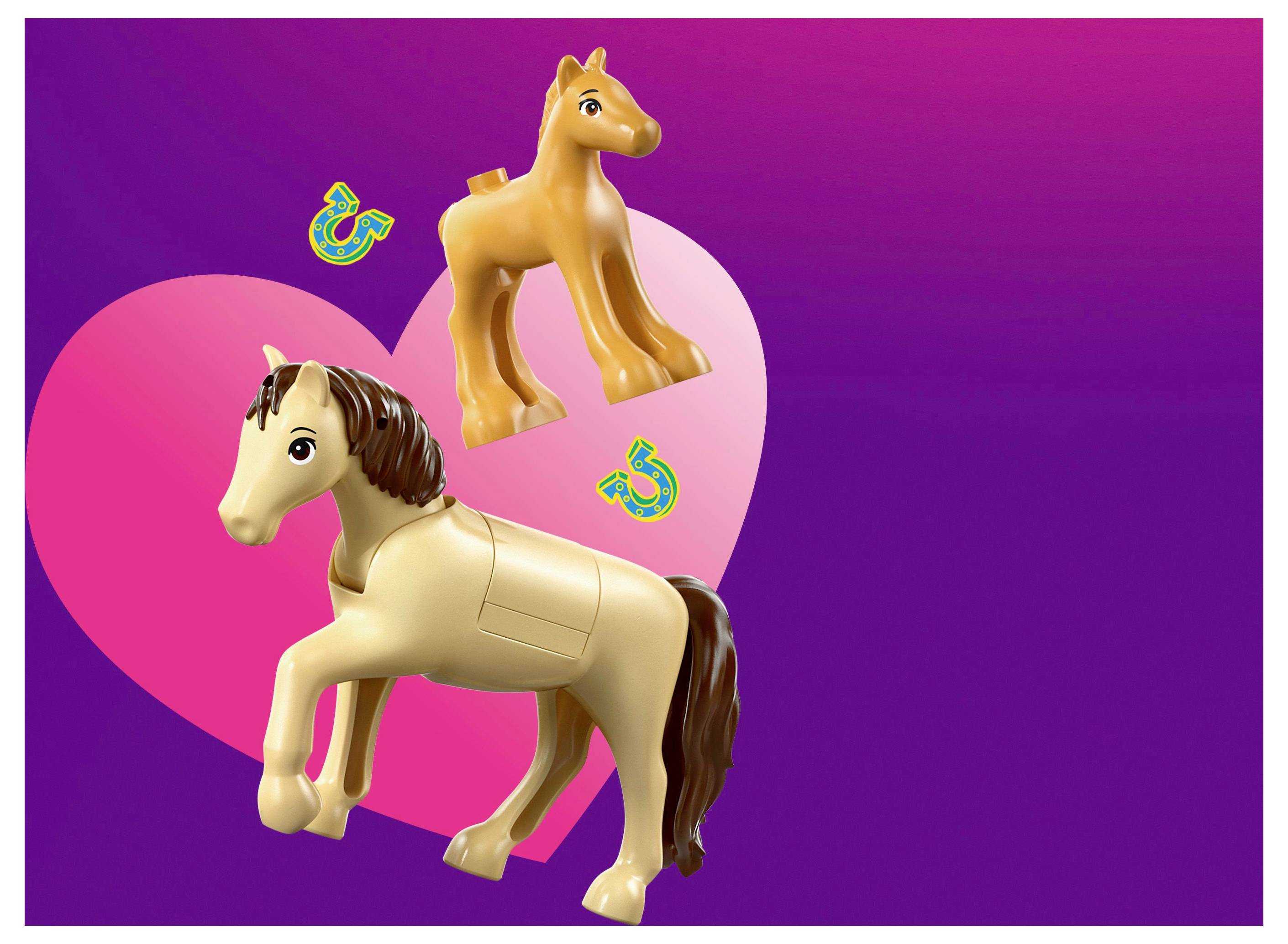 Deux chevaux de dessin animé sur un fond dégradé violet avec un cœur rose. Les chevaux sont brun clair avec de petits fers à cheval colorés.