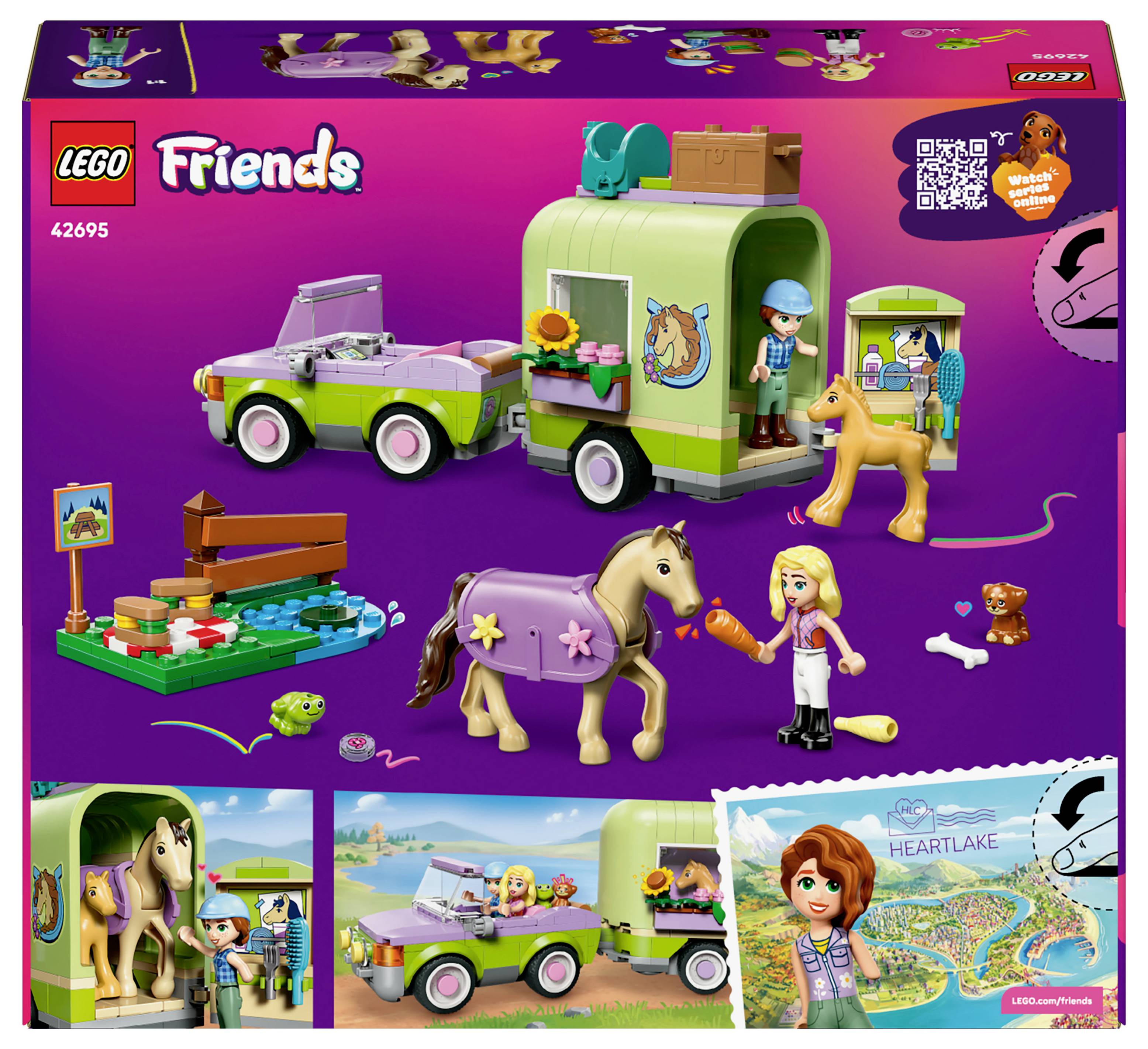 Un ensemble de jouets dans un coffret présentant une remorque pour chevaux en vert et violet, un véhicule et des figurines dans une scène de soins équestres avec des chevaux et des accessoires.