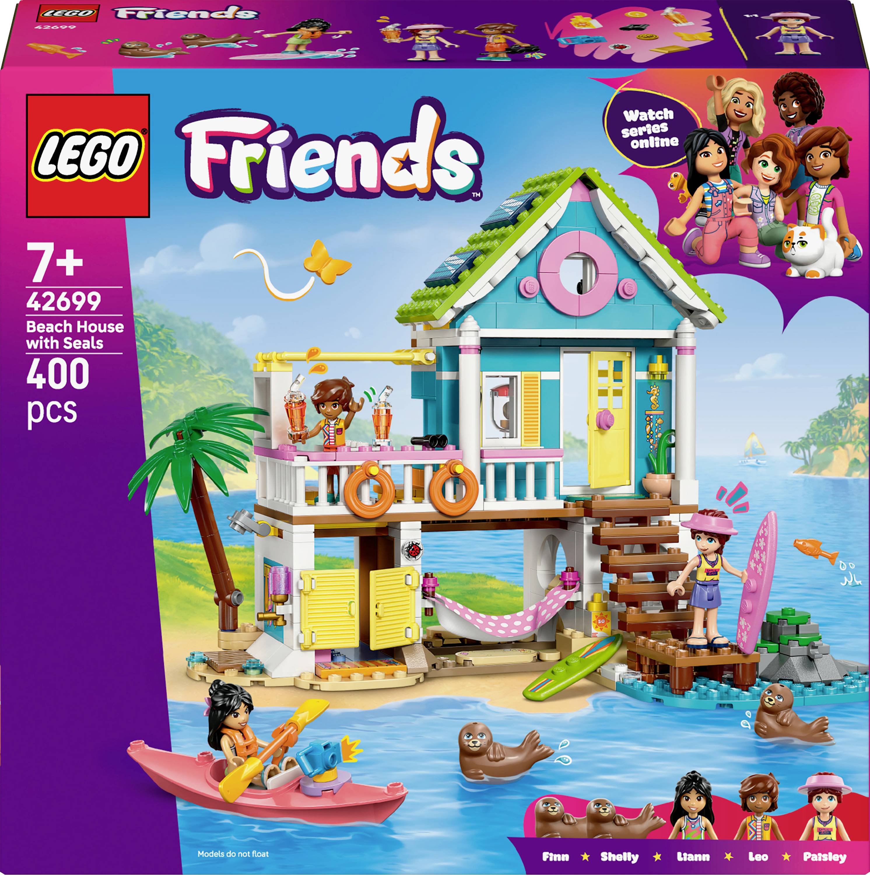 Maison de plage LEGO Friends avec phoques. Comprend une maison de plage colorée, des personnages, des phoques et des accessoires. Contient 400 pièces pour les enfants de 7 ans et plus.