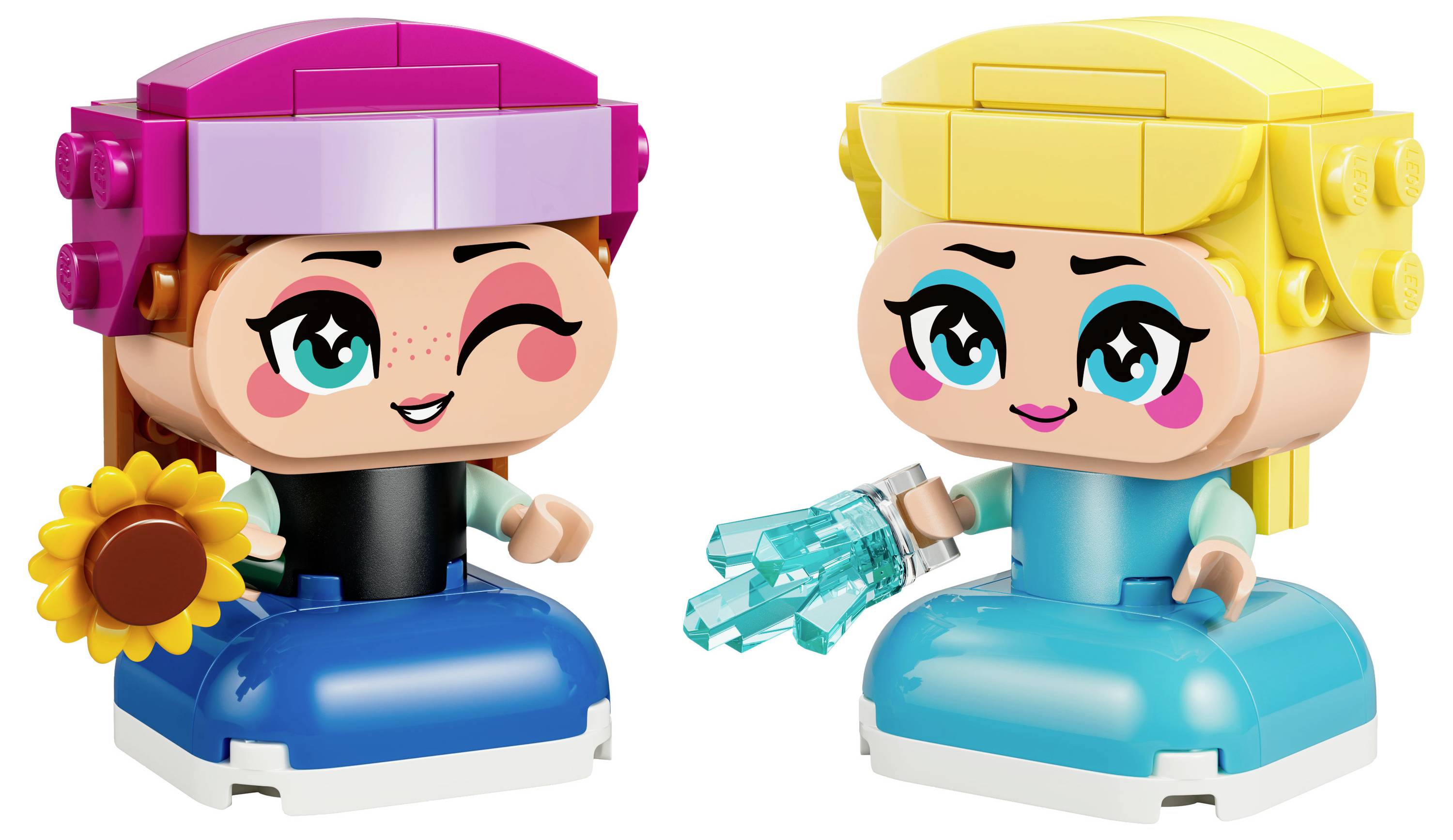 Deux figurines de jouets colorées. Celle de gauche sourit avec un clin d'œil, tenant un tournesol. La figurine de droite sourit en tenant une forme cristalline bleue.