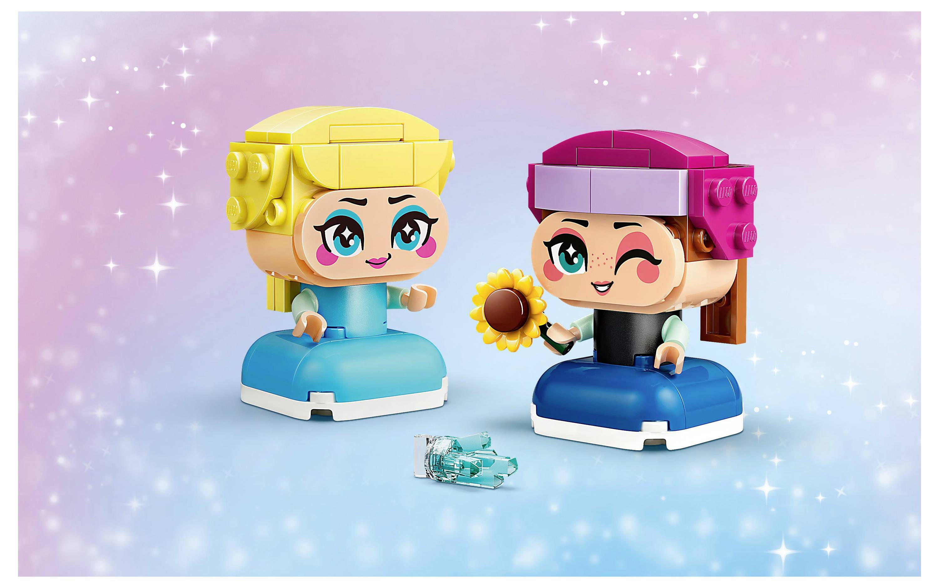 Deux figures cartoonesques géométriques avec des cheveux et des vêtements colorés. L'un tient un tournesol, et tous deux ont des expressions joyeuses. Arrière-plan scintillant.