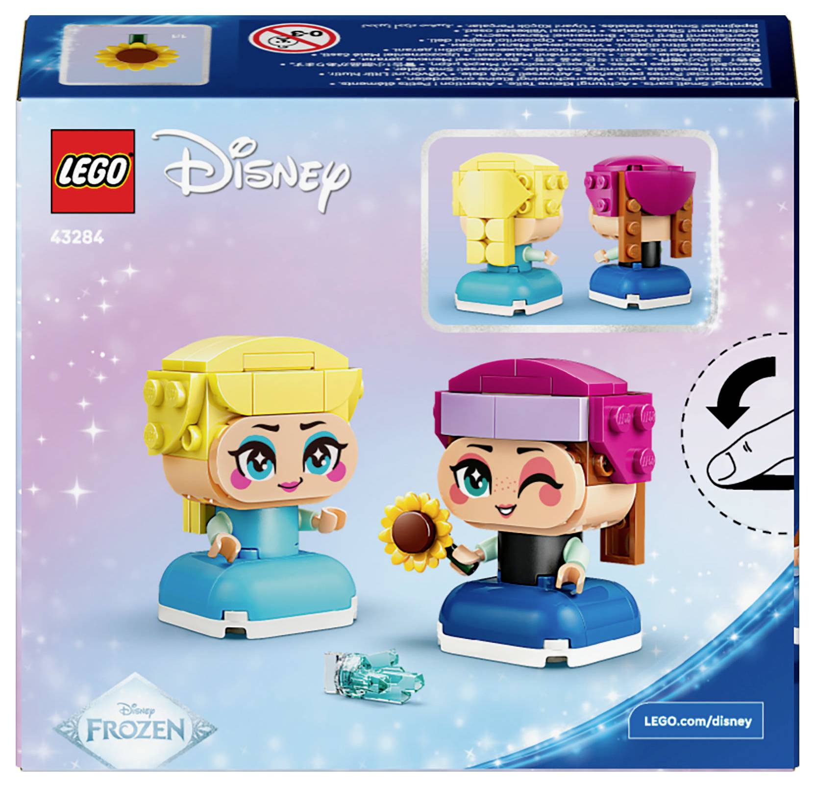 Ensemble LEGO Disney comprenant des figurines de deux personnages en tenues colorées ; inclut un accessoire tournesol. Numéro de set 43284.