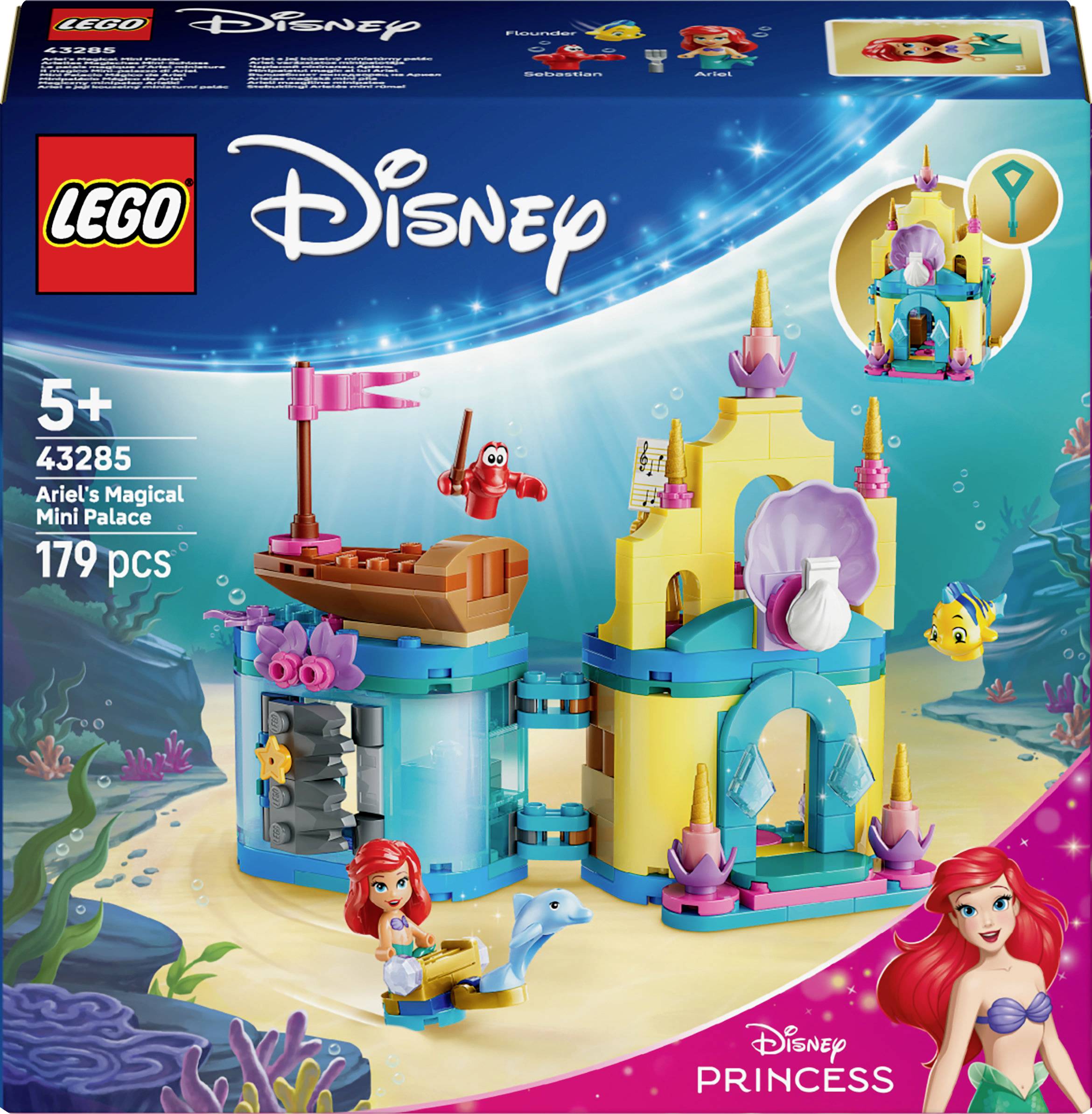 Ensemble LEGO Disney représentant le 'Mini Palais Magique d'Ariel', adapté aux enfants de 5 ans et plus, comprenant 179 pièces avec des visuels de sirène et de palais.