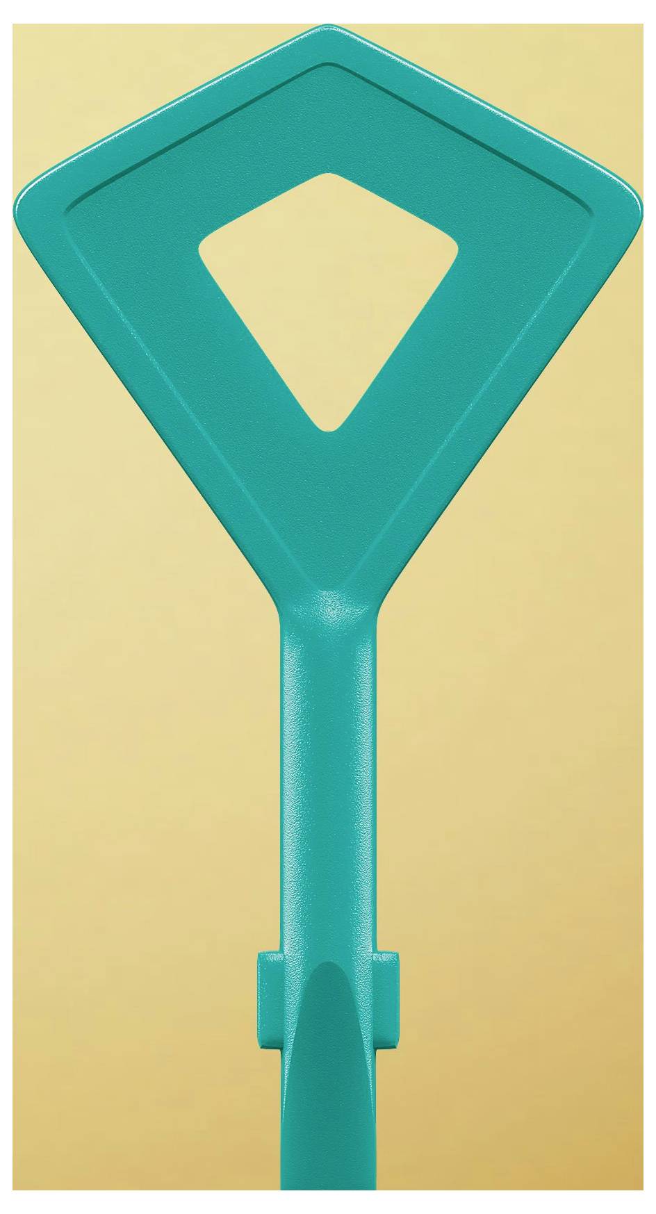 Un chasse-mouches turquoise en forme de diamant avec un centre creux sur un fond jaune uni.